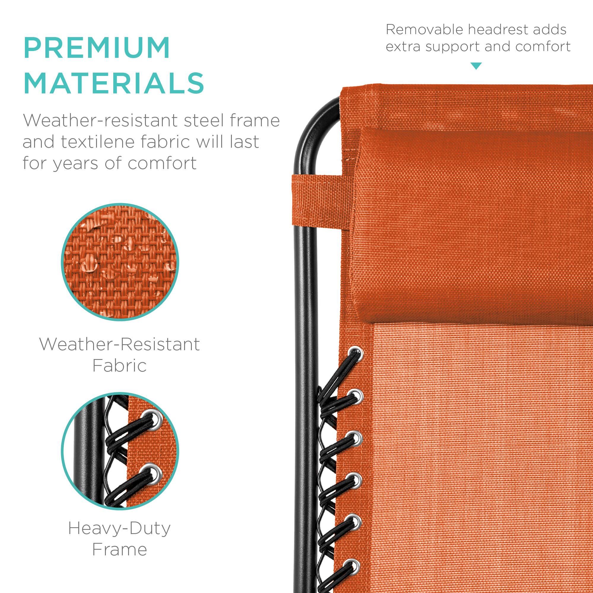 PREMIUM MATERIALS

Weather-resistant steel frame and textilene fabric will last for years of comfort

Weather-Resistant Fabric

Heavy-Duty Frame

Removable headrest adds extra support and comfort