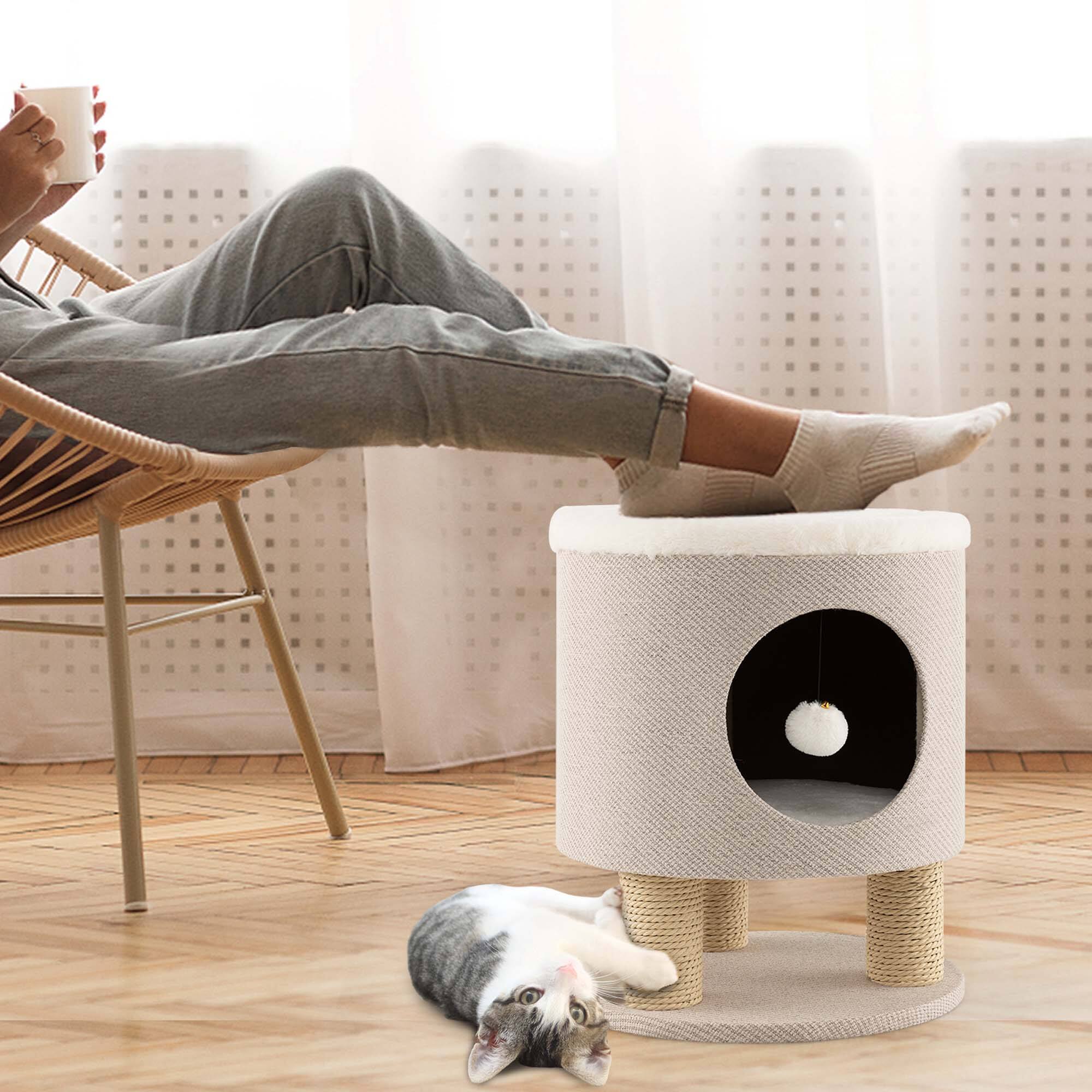 Alt View 1. Costway - Costway 3-IN-1 Cat Condo Stool Kitty Bed with Scratching Posts & Plush Ball Toy.