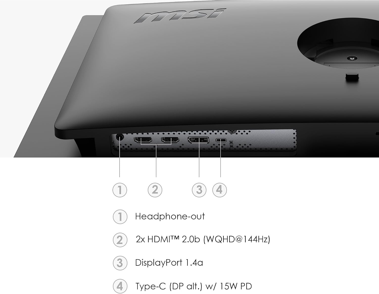 MSI

1. Headphone-out
2. 2x HDMI™ 2.0b (WQHD@144Hz)
3. DisplayPort 1.4a
4. Type-C (DP alt.) w/ 15W PD