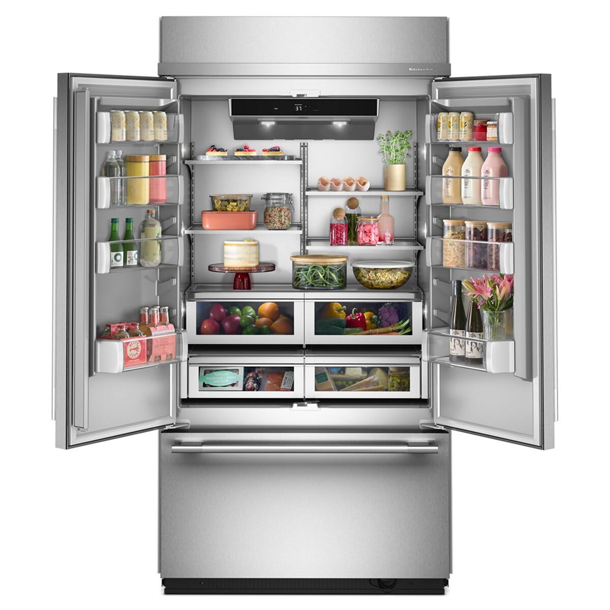 Angle. KitchenAid - 24.2 Cu. Ft. Built-In French Door Bottom Mount Refrigerator - Stainless Steel with PrintShield Finish.