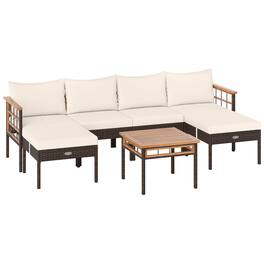 Costway - 7 PCS Wicker Furniture Set with Ottomans Side Table Acacia Wood Tabletop Armrests - Mix Brown,White