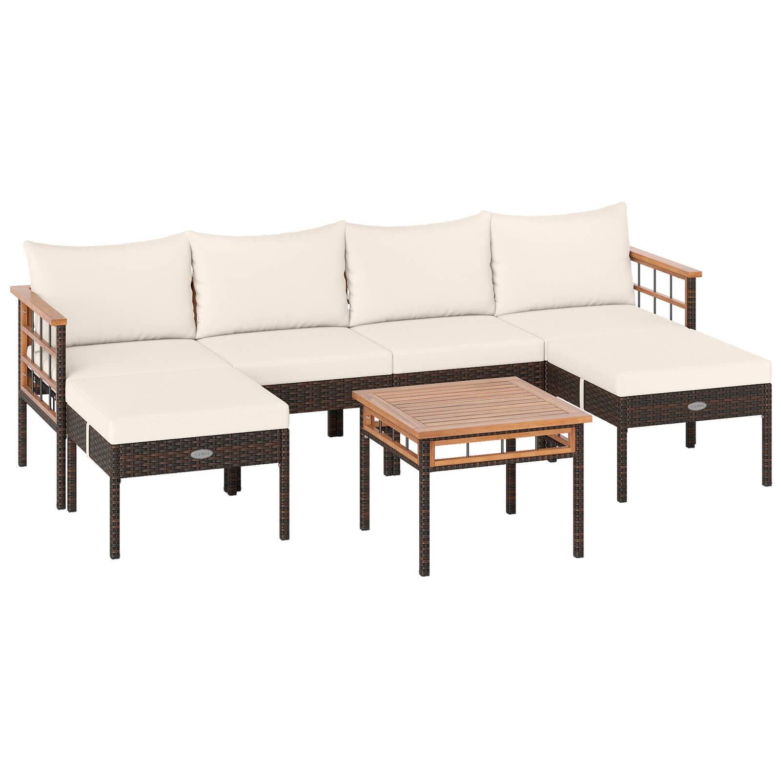 Front. Costway - Costway 7 PCS Wicker Furniture Set with Ottomans Side Table Acacia Wood Tabletop Armrests - Mix Brown,White.
