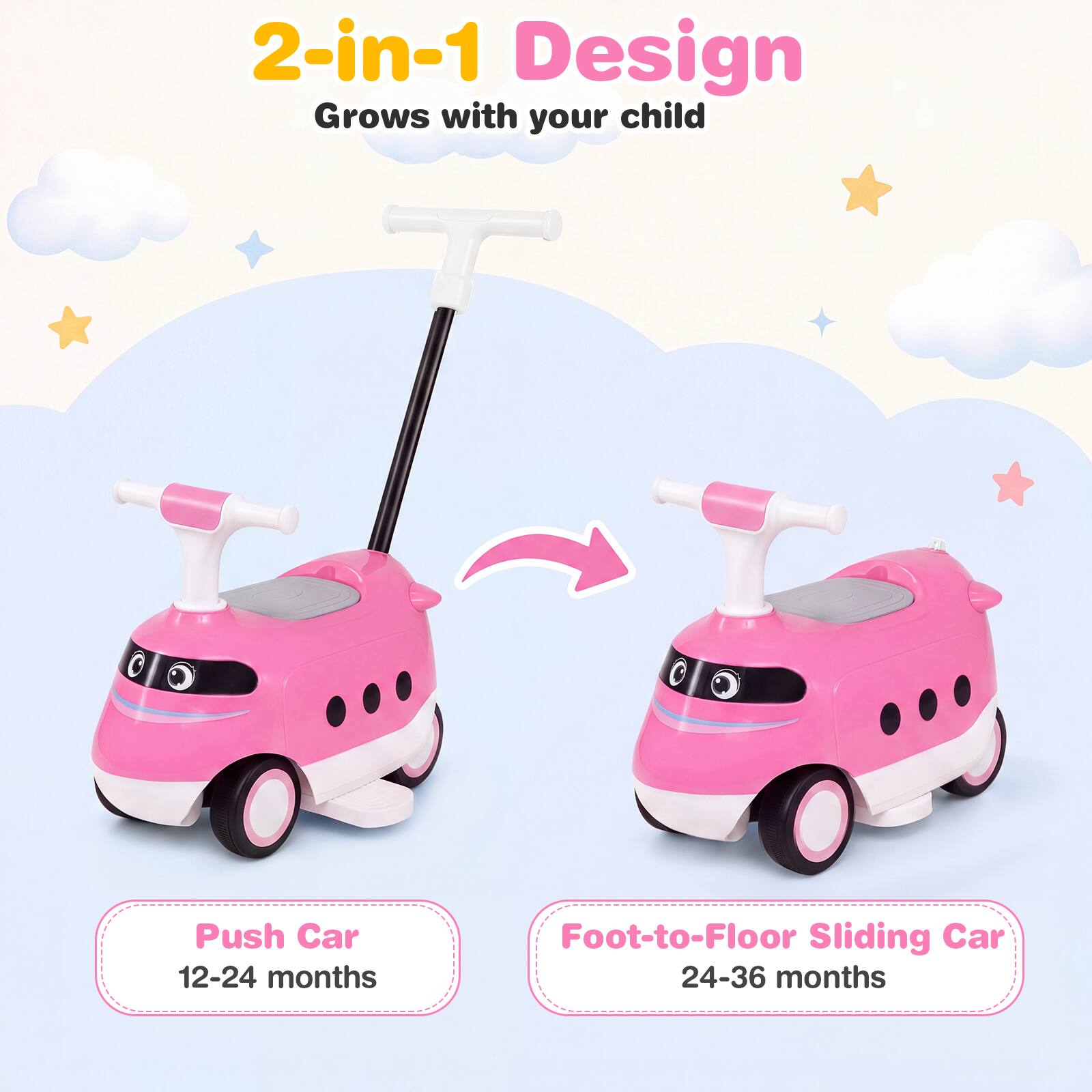 2-in-1 Design  
Grows with your child  

Push Car  
12-24 months  

Foot-to-Floor Sliding Car  
24-36 months