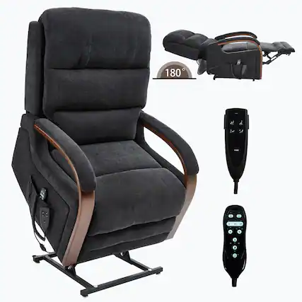 Front. LUCKY ONE - Chenille Power Lift Recliner Chair with Infinite Position, Massage and Solid Wood Armrests - Black.