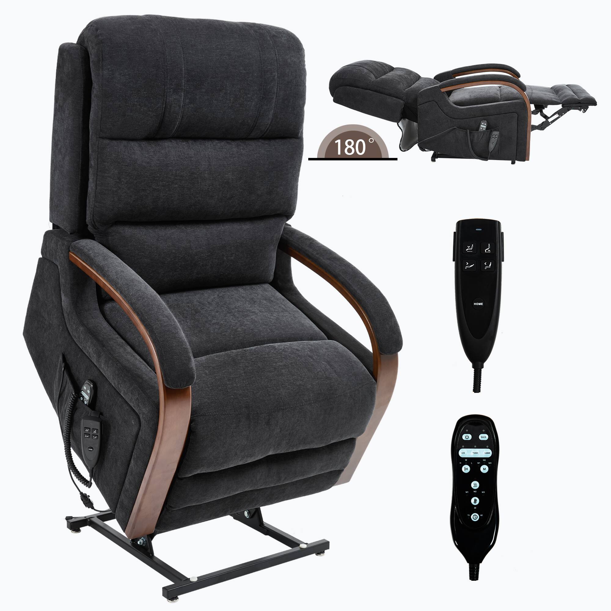 Front. LUCKY ONE - Chenille Power Lift Recliner Chair with Infinite Position, Massage and Solid Wood Armrests - Black.