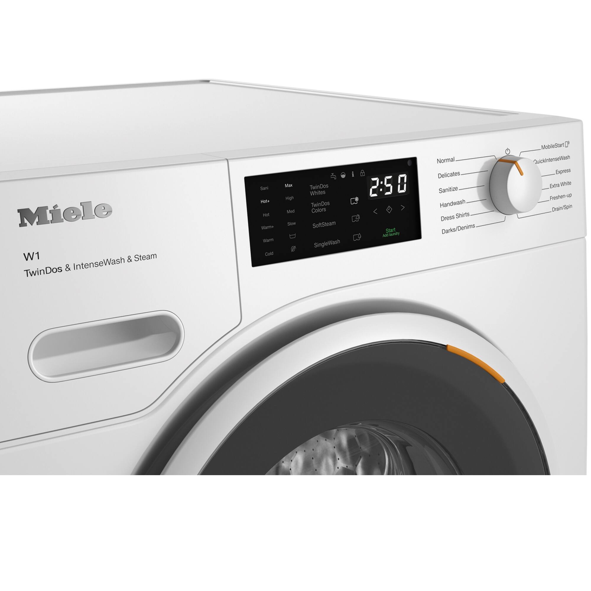 Miele W1 & Steam & IntenseWash TwinDos  
Sam Pate H N Nam Cutli Wte Migh Mei See  
TwinDos Whites TwinDos Colors SoftSteam SingleWash  
i 2:50  
Blat As - Normal Delicates Sanitize Handwash Dress Shirts Darka/arks/Denims  
MobileStart 7 QuickintenseWash Egress Ealra White Reshen-up Drain/Spin