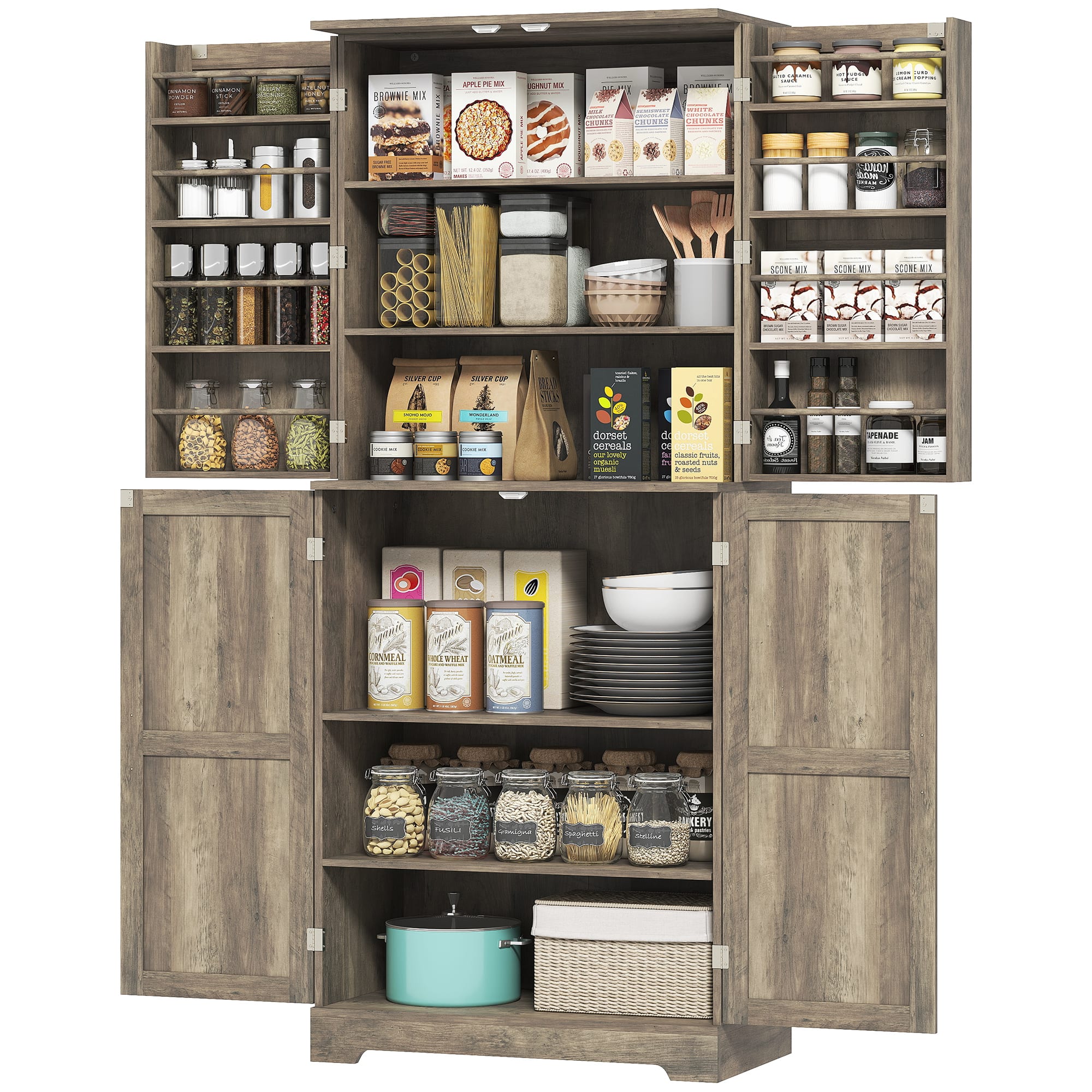 Homcom - Kitchen Pantry, 72" Tall Pantry Cabinet with 4 Barn Doors, 4 Adjustable Shelves and 8 Door Shelves - Grey Wash