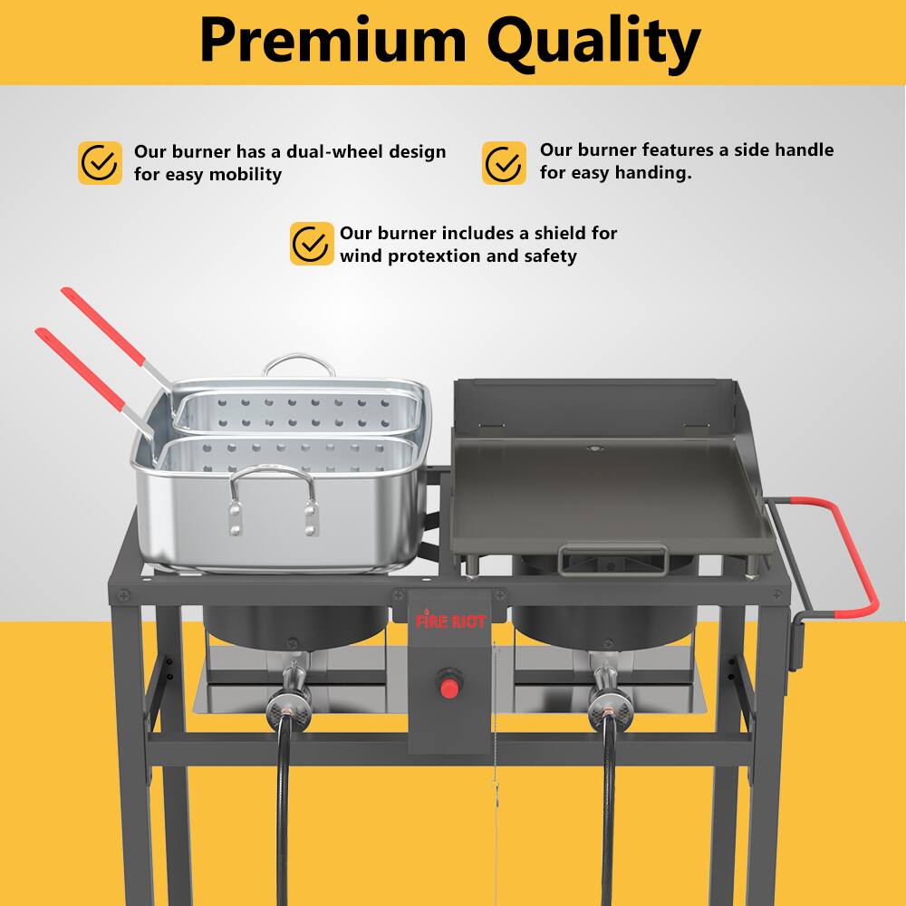 Premium Quality

- Our burner has a dual-wheel design for easy mobility
- Our burner features a side handle for easy handling.
- Our burner includes a shield for wind protection and safety
