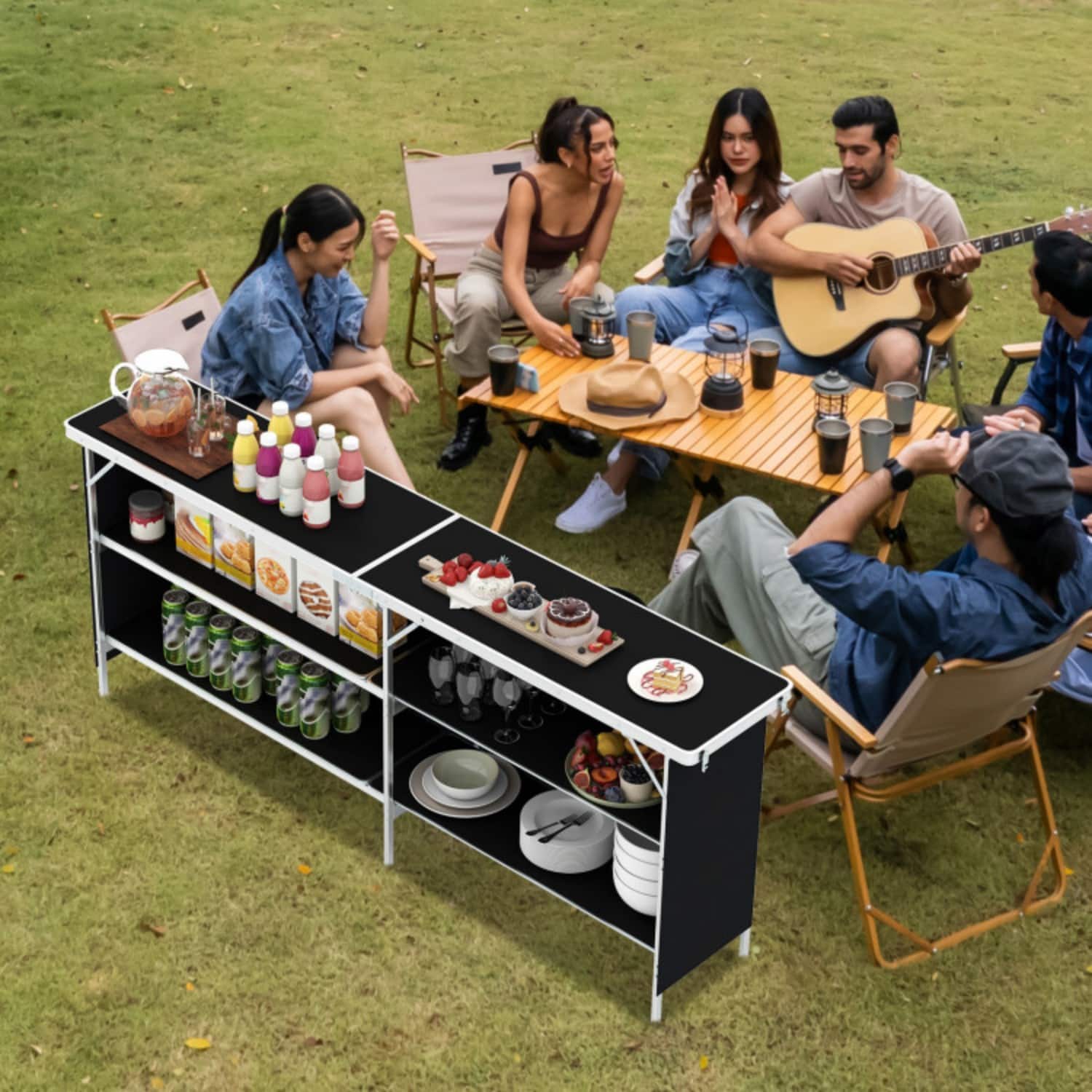 Photos - Garden Furniture PICNIC Mondawe - 81" Aluminum Portable  Table w 2-Tier Shelves 132 lbs Top Folding w Carry Bag - Black MO-HYA1120DK 