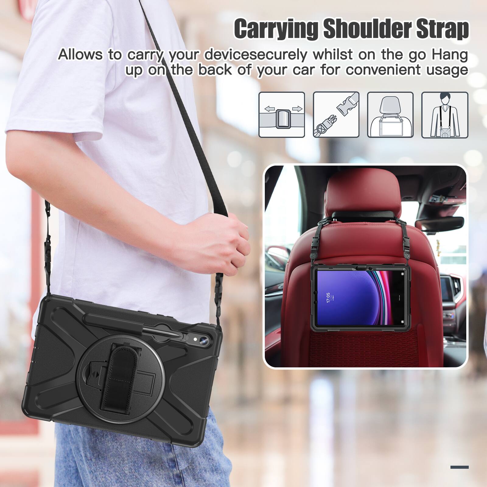 Carrying Shoulder Strap  
Allows to carry your device securely whilst on the go. Hang up on the back of your car for convenient usage.