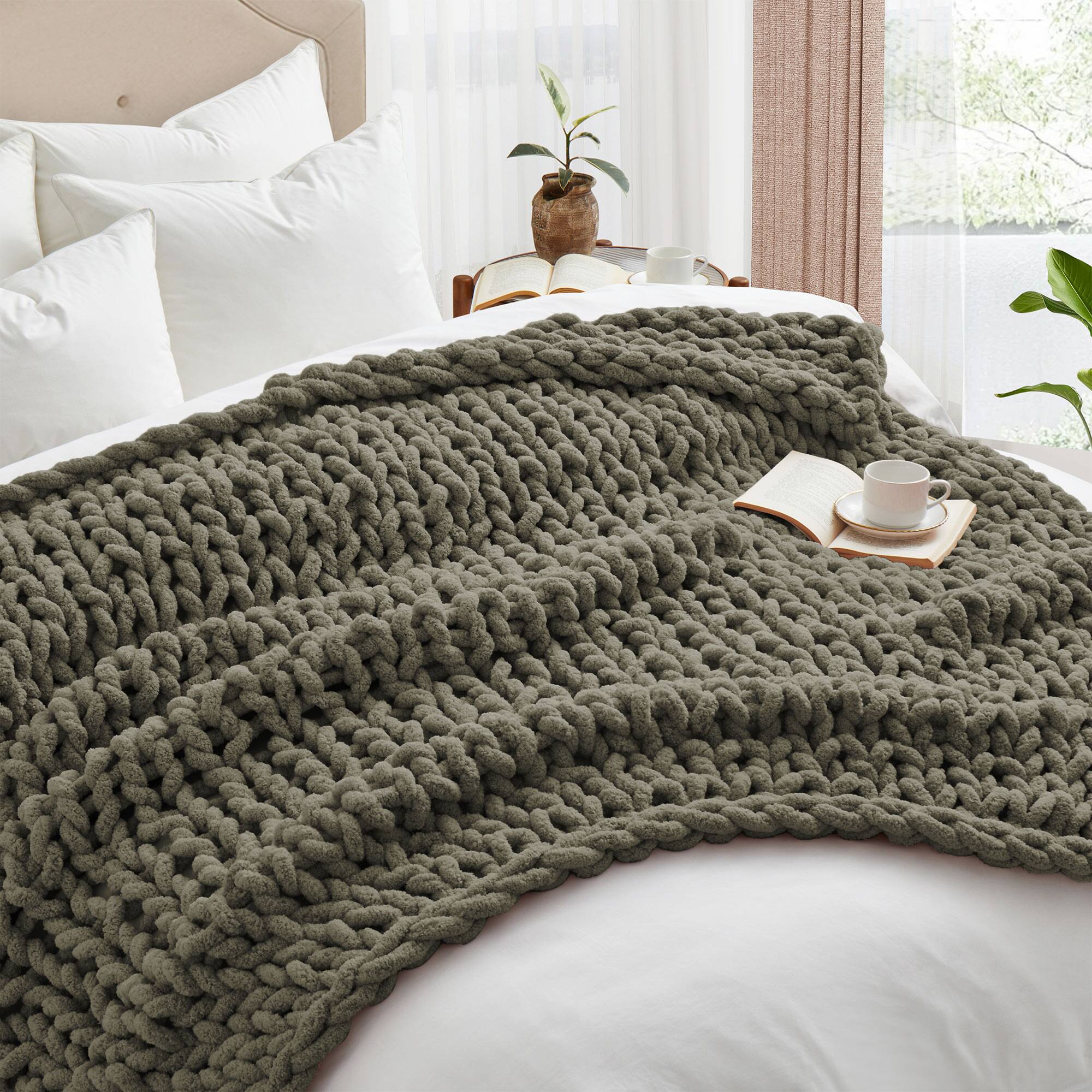 Left. Peace Nest - Peace Nest Handmade Chunky Knit Chenille Yarn Throw Blanket 50"x60", Sage Green - Sage Green.