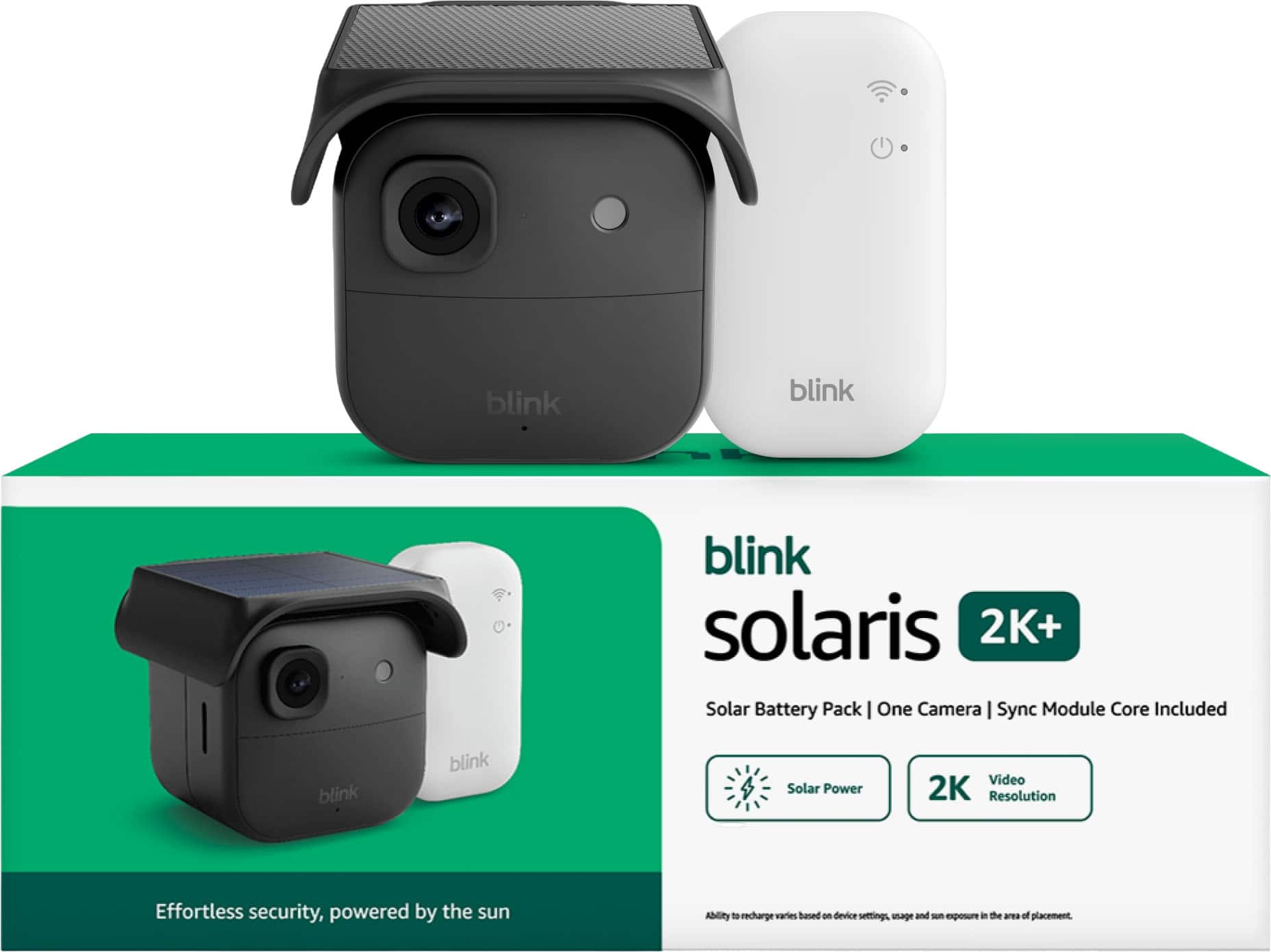 blink solaris 2K+ Solar Battery Pack One Camera Sync Module Core Included

blink Solar Power Video 2K Resolution

Effortless security, powered by the sun

Ability to recharge varies based on device settings, usage and sun exposure in the area of placement.