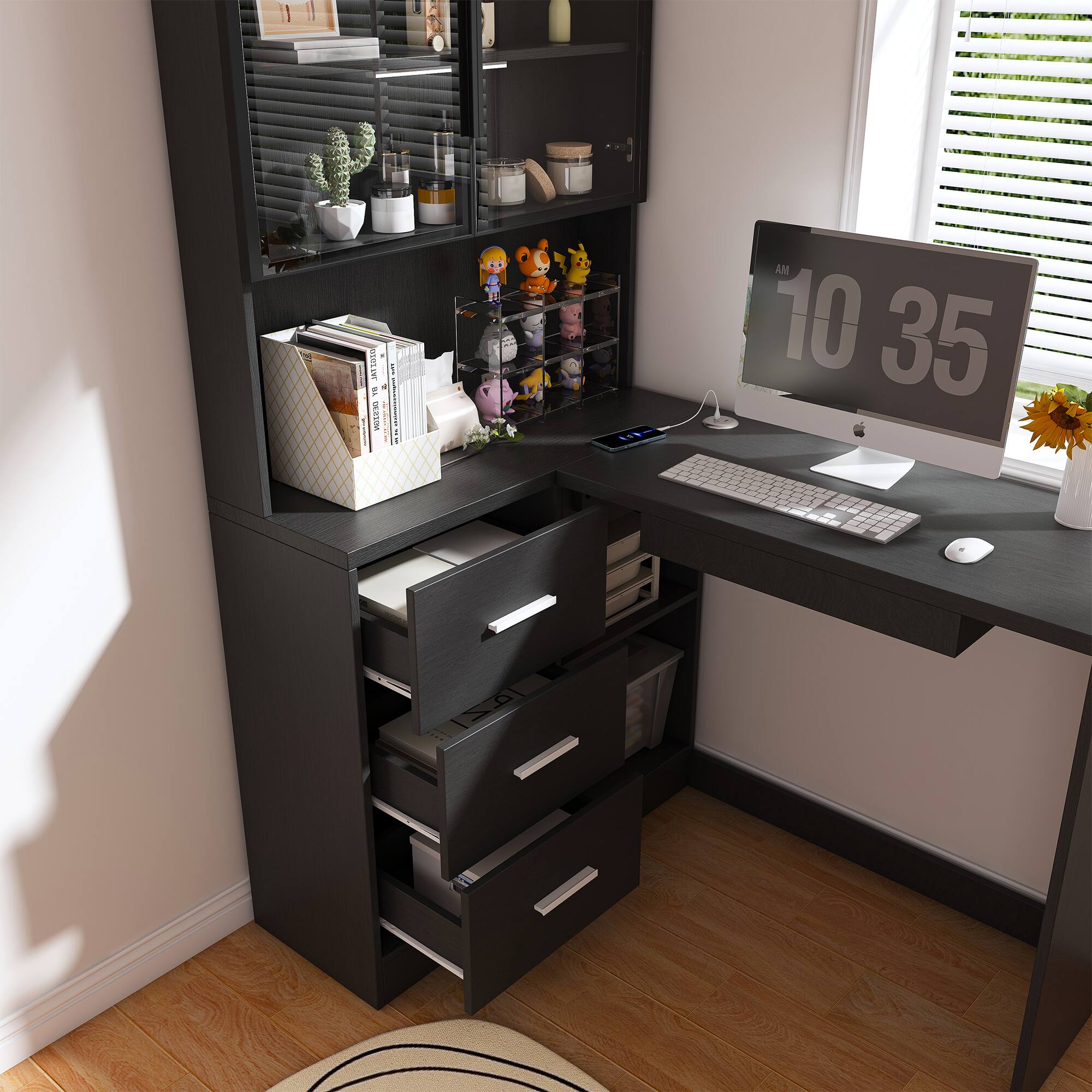 Alt View 8. GOODSILO - L-Shaped Computer Desk with Glass Cabinets & LED Lights, Corner Office Desk with USB Ports & Keyboard Tray - Black.