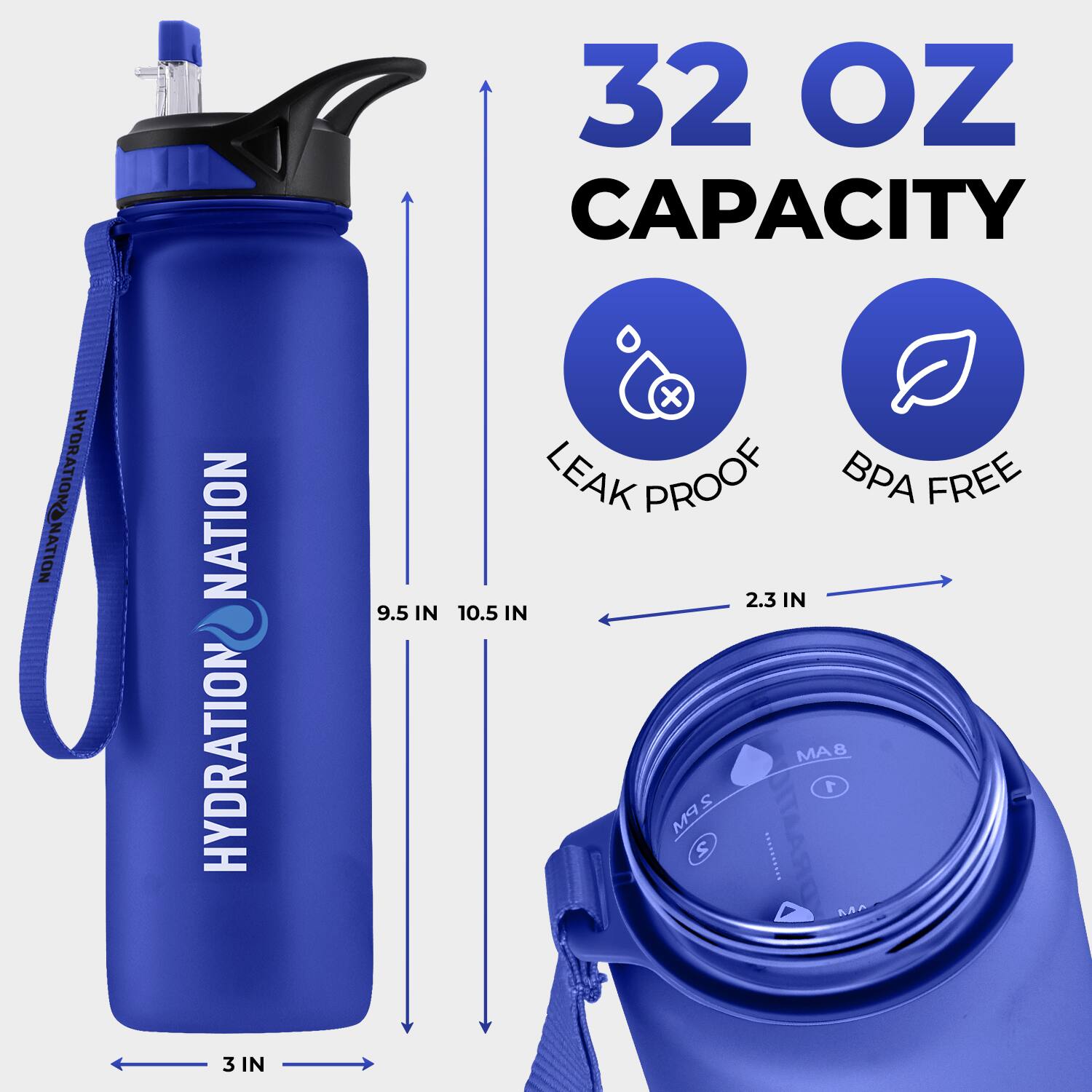 32 OZ CAPACITY  
HYDRATION NATION  
9.5 IN x 10.5 IN  
LEAK PROOF  
BPA FREE  
2.3 IN  
3 IN