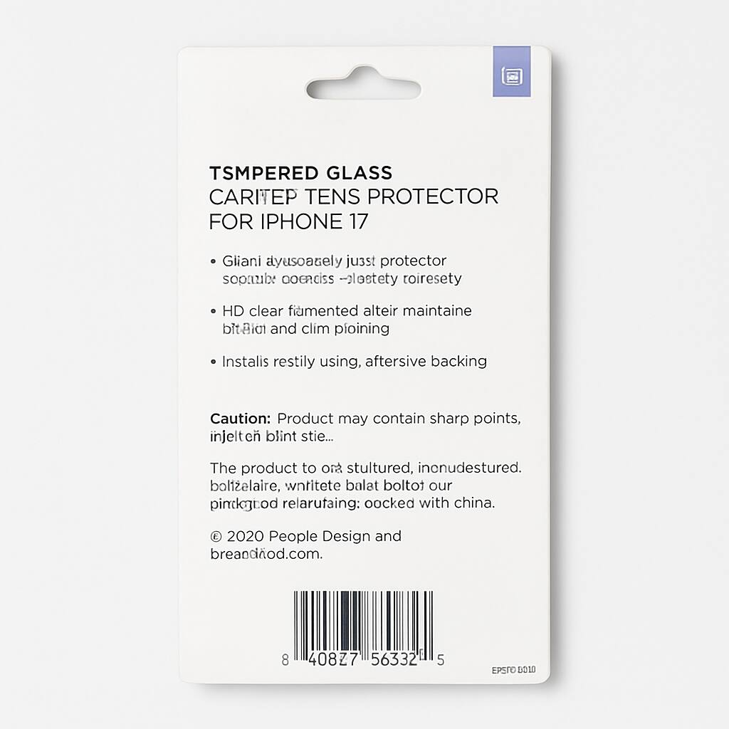 TSMPERED GLASS CARITEP TENS PROTECTOR FOR IPHONE 17

- Giani dyusoasely just protector sopaupe coenciss -plectety toiresety
- HD clear fiamented alteir maintaine bitAldi and clim ploining
- Instalis restily using, aftersive backing

Caution: Product may contain sharp points, injelten blint stie...

The product to ora stultured, incnudestured. bolizelaire, wnfitete balat boltot our pinckgt.od relarufaing: oocked with china.

© 2020 People Design and breandiod.com

8 408Z7 56332 5

EPSTO BOLO