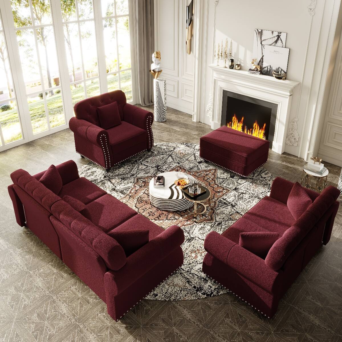 Alt View 2. Ropilly - Ropilly Burgundy Velvet Loveseat with Ottoman, Chesterfield Tufted Sofa, Nailhead Rolled Arms, 63 Inch - Burgundy.