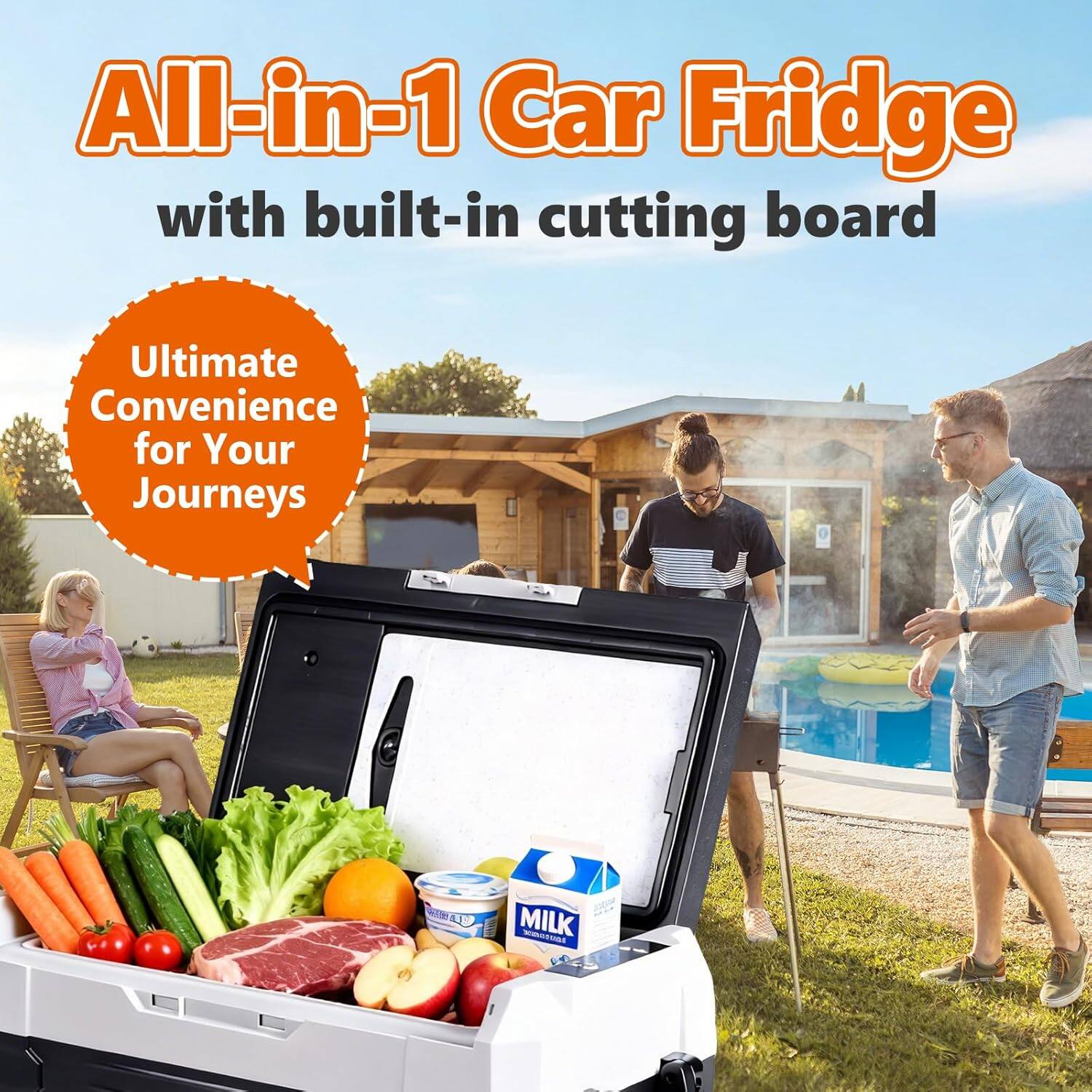 All-in-1 Car Fridge with built-in cutting board

Ultimate Convenience for Your Journeys