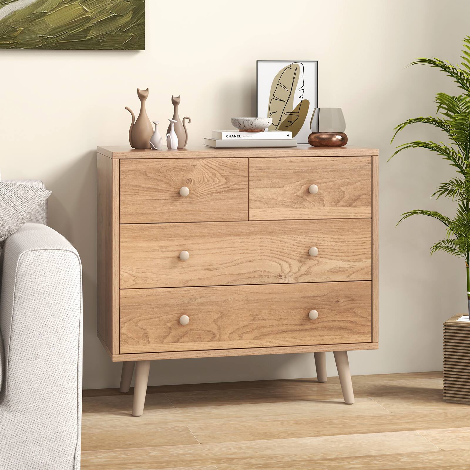 Alt View 1. Costway - Costway 4-Drawer Dresser Chest Cabinet Storage Organizer Rubber Leg W/Rail Oak Finish - Natural.