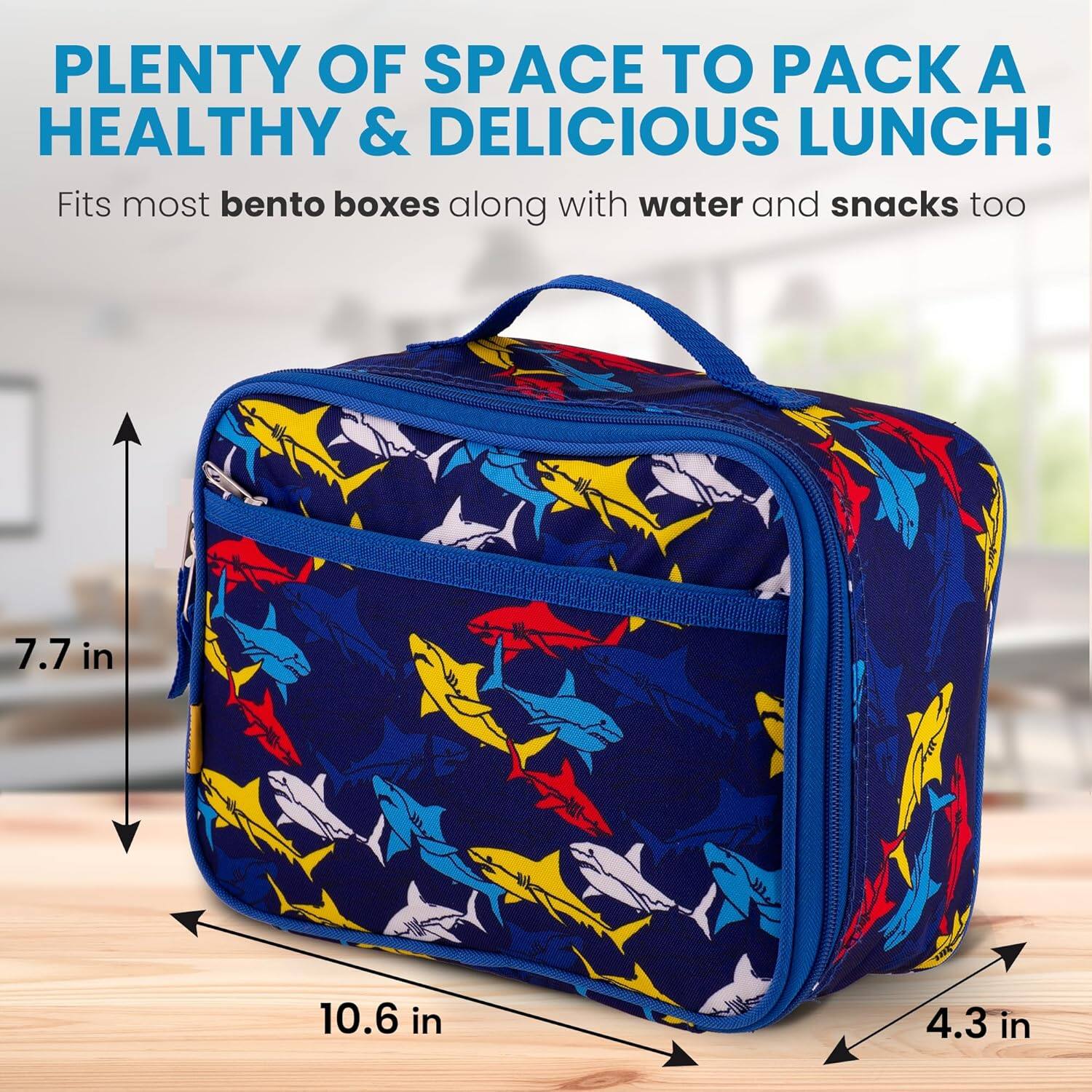 PLANTY OF SPACE TO PACK A HEALTHY & DELICIOUS LUNCH!  
Fits most bento boxes along with water and snacks too  

7.7 in  
10.6 in  
4.3 in