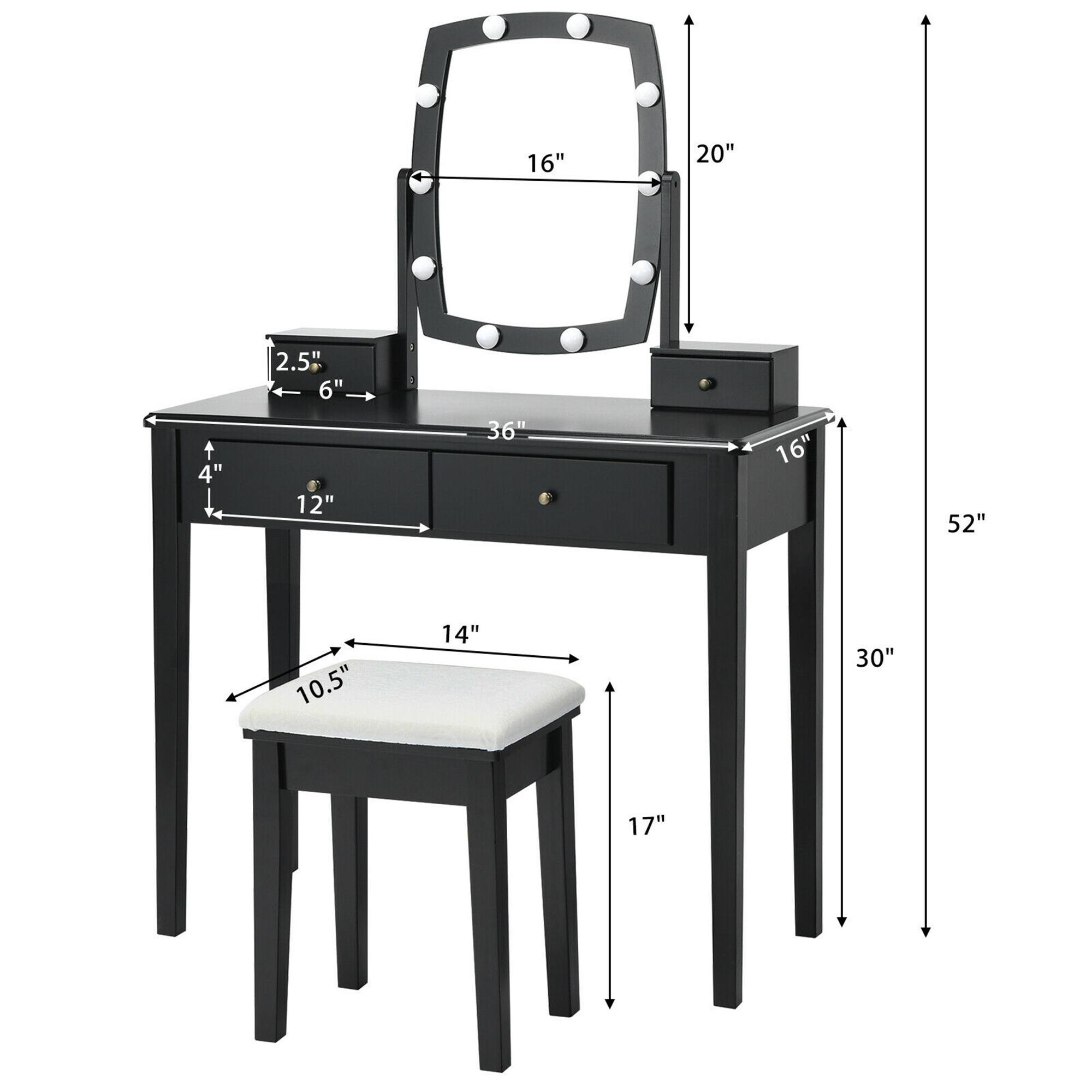 - Mirror: 16" x 20"
- Drawer: 12" x 4"
- Top: 36" x 16"
- Seat: 10.5" x 14"
- Height: 52"
- Depth: 30"
- Side: 17"