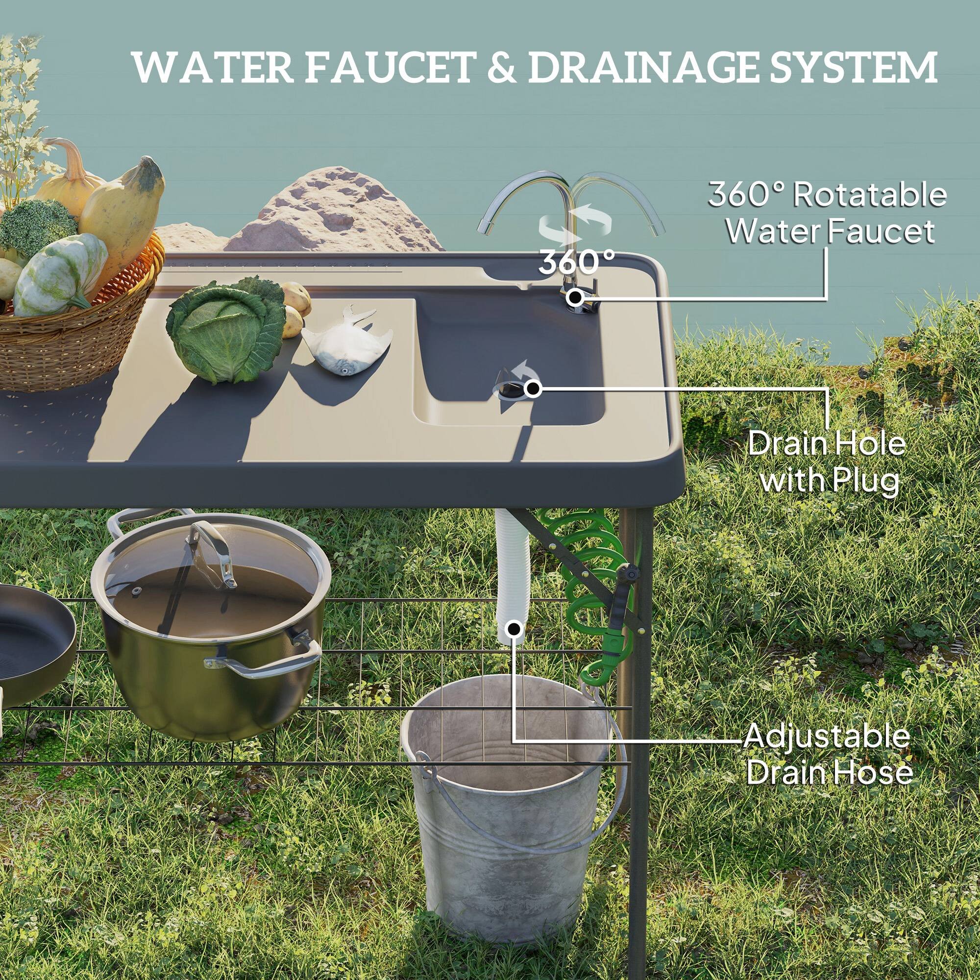 WATER FAUCET & DRAINAGE SYSTEM

- 360° Rotatable Water Faucet
- Drain Hole with Plug
- Adjustable Drain Hose
