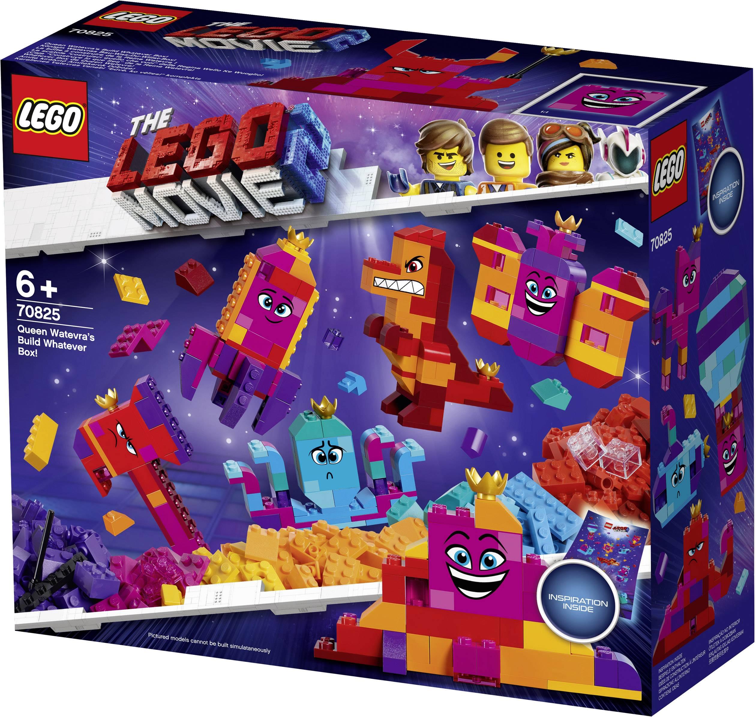 LEGO  
THE LEGO MOVIE 2

6+  
70825  
Queen Watevra's Build Whatever Box!

INSPIRATION INSIDE

LEGO  
INSPIRATION INSIDE

Pictured models cannot be built simultaneously.