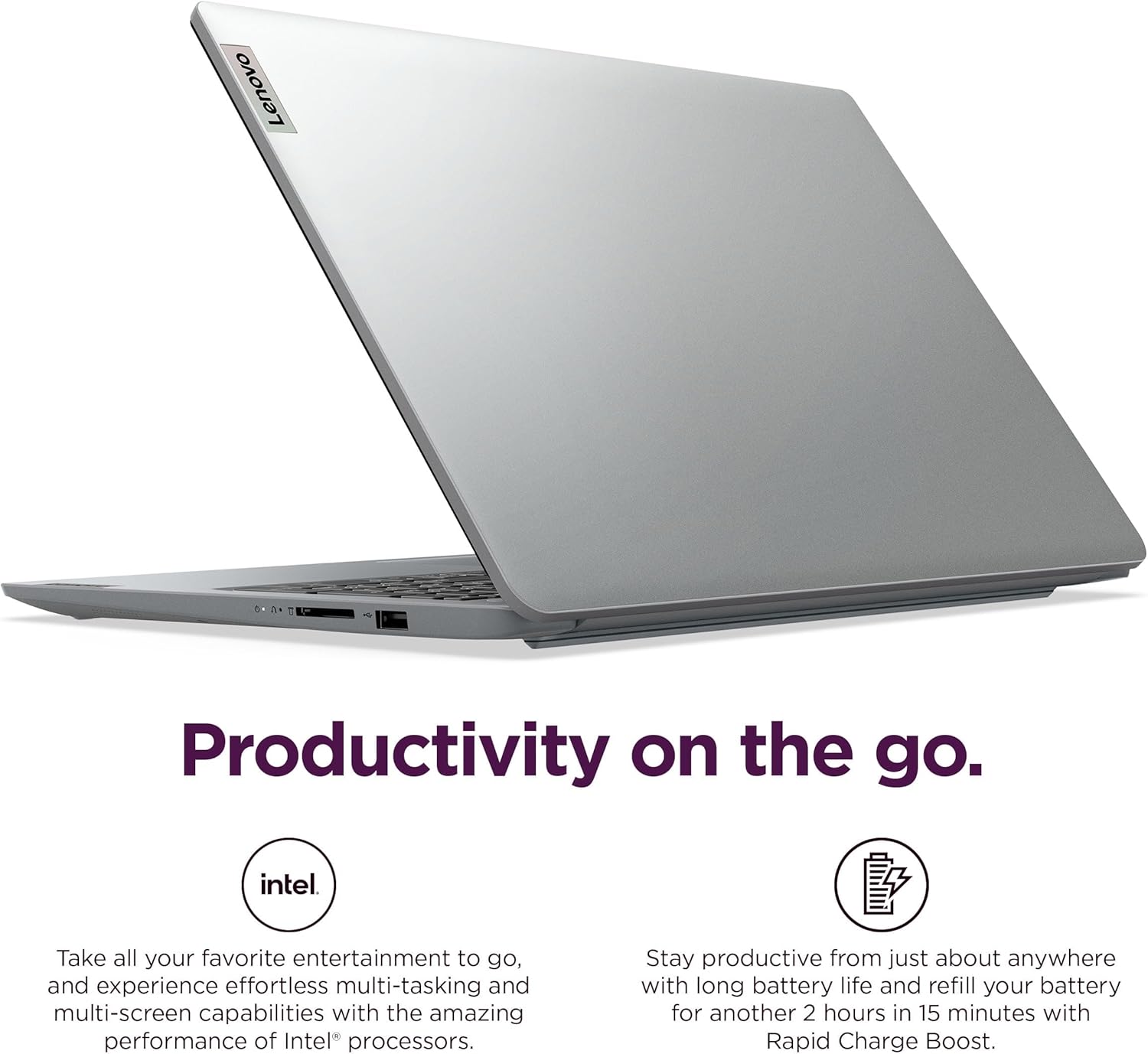 Alt View 4. Lenovo - IdeaPad 1 15.6 HD Laptop - Intel Celeron with 12GB Memory - 640GB Storage - Numeric Keypad - Windows 11 - Cloud Grey.