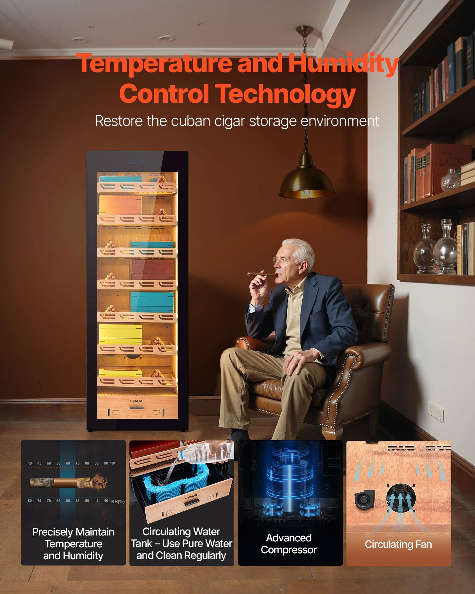 Temperature and Humidity Control Technology  
Restore the Cuban cigar storage environment  

Precisely Maintain Temperature and Humidity  
Circulating Water Tank – Use Pure Water and Clean Regularly  
Advanced Compressor  
Circulating Fan
