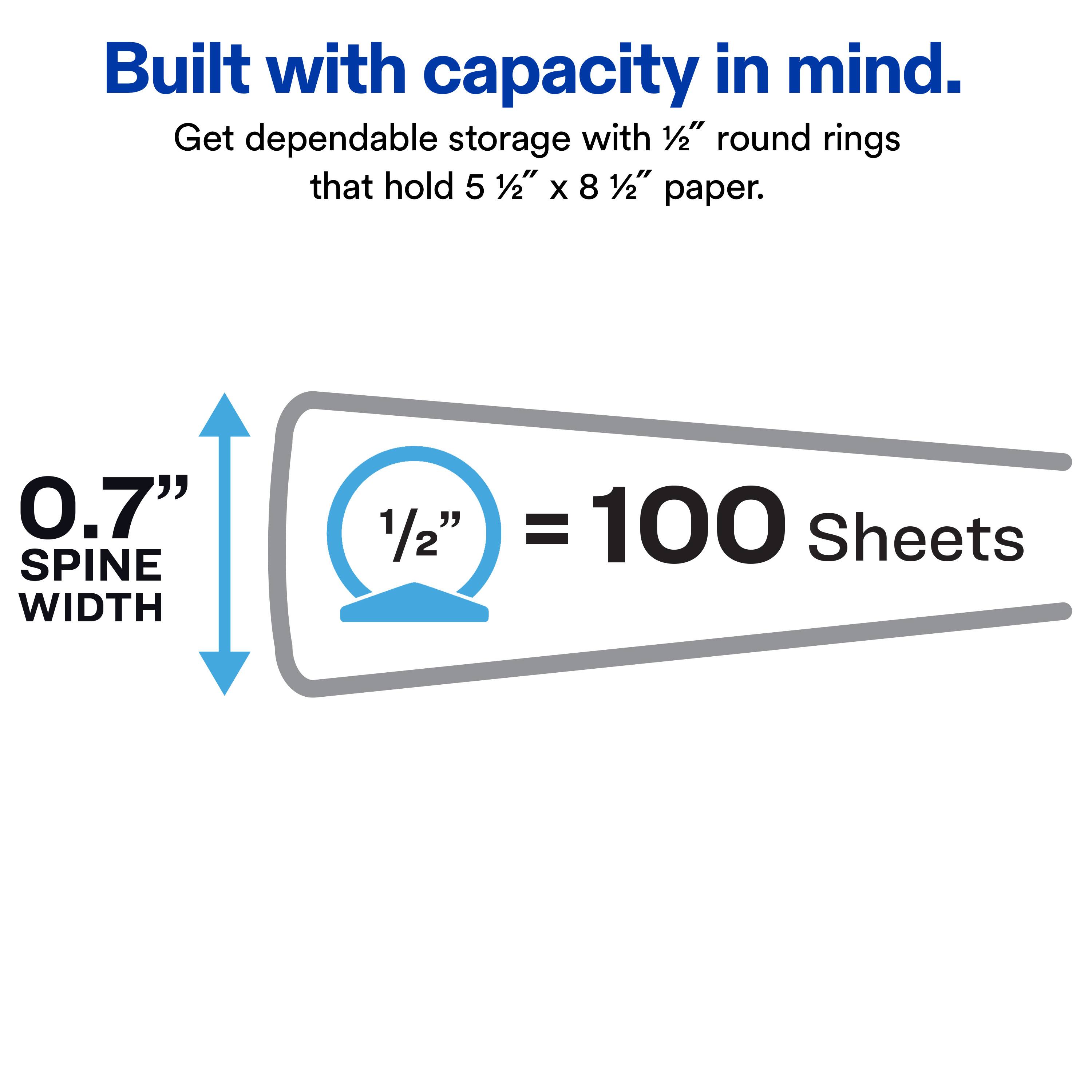 Built with capacity in mind. Get dependable storage with 1/2" round rings that hold 5 1/2" x 8 1/2" paper. 0.7" SPINE WIDTH = 100 Sheets