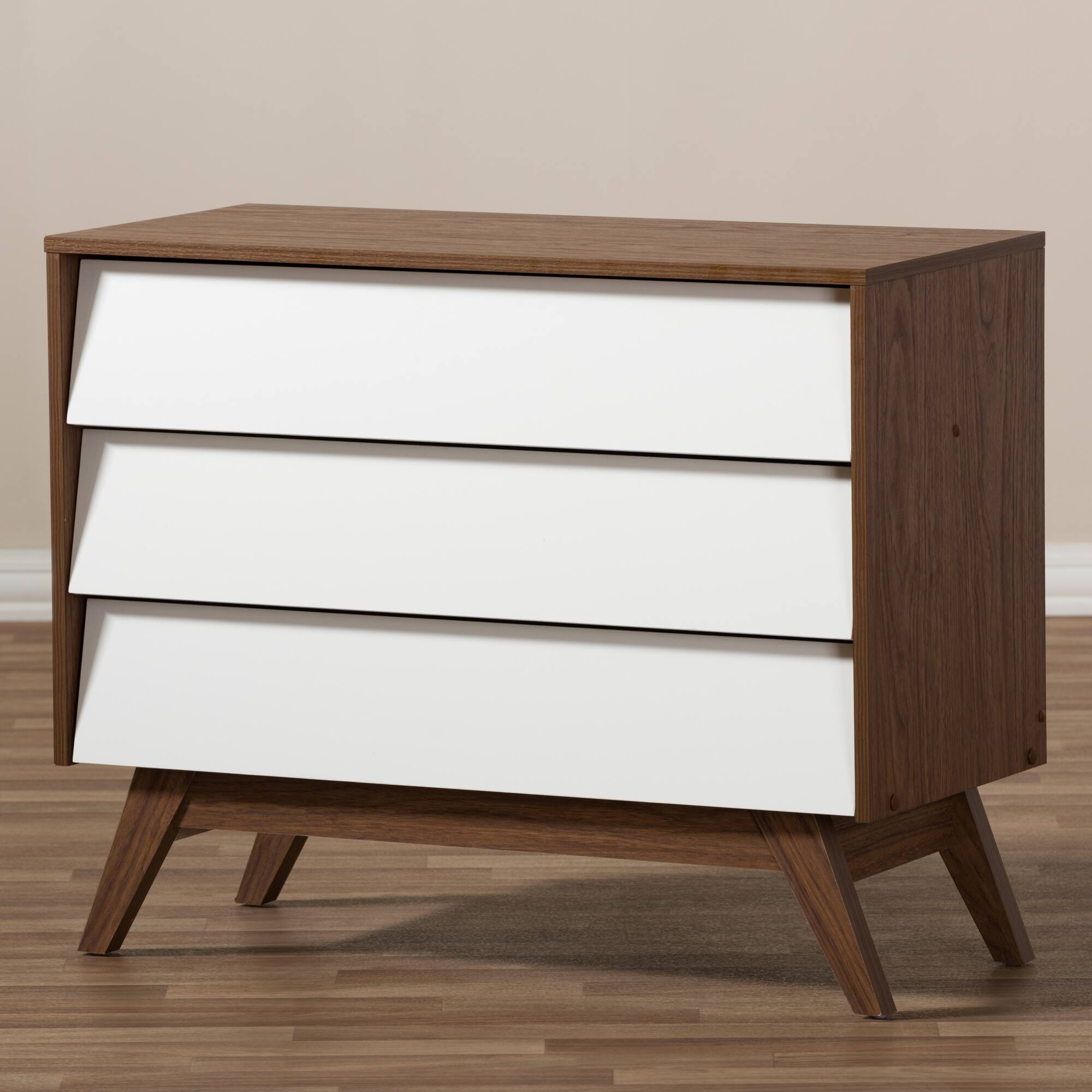 Alt View 2. Baxton Studio - Hildon Mid-Century Modern Wood 3-Drawer Storage Chest - White/"Walnut" Brown.