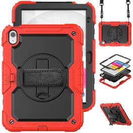 Dteck - For Apple iPad 11"(A16 chip 2025)&iPad 10th 2022 Three-Layer Kickstand Shoulder Strap Case Built-in Screen Protector - Red