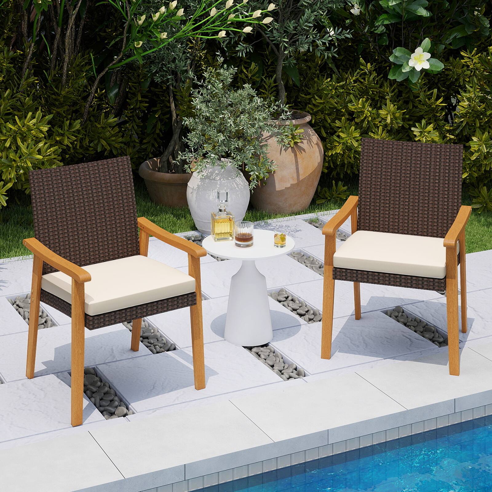 Alt View 1. Gymax - Gymax Patio Dining Chair 2 PCS w/Cushion Wood Armrests Metal Frame for Garden Off White - White.