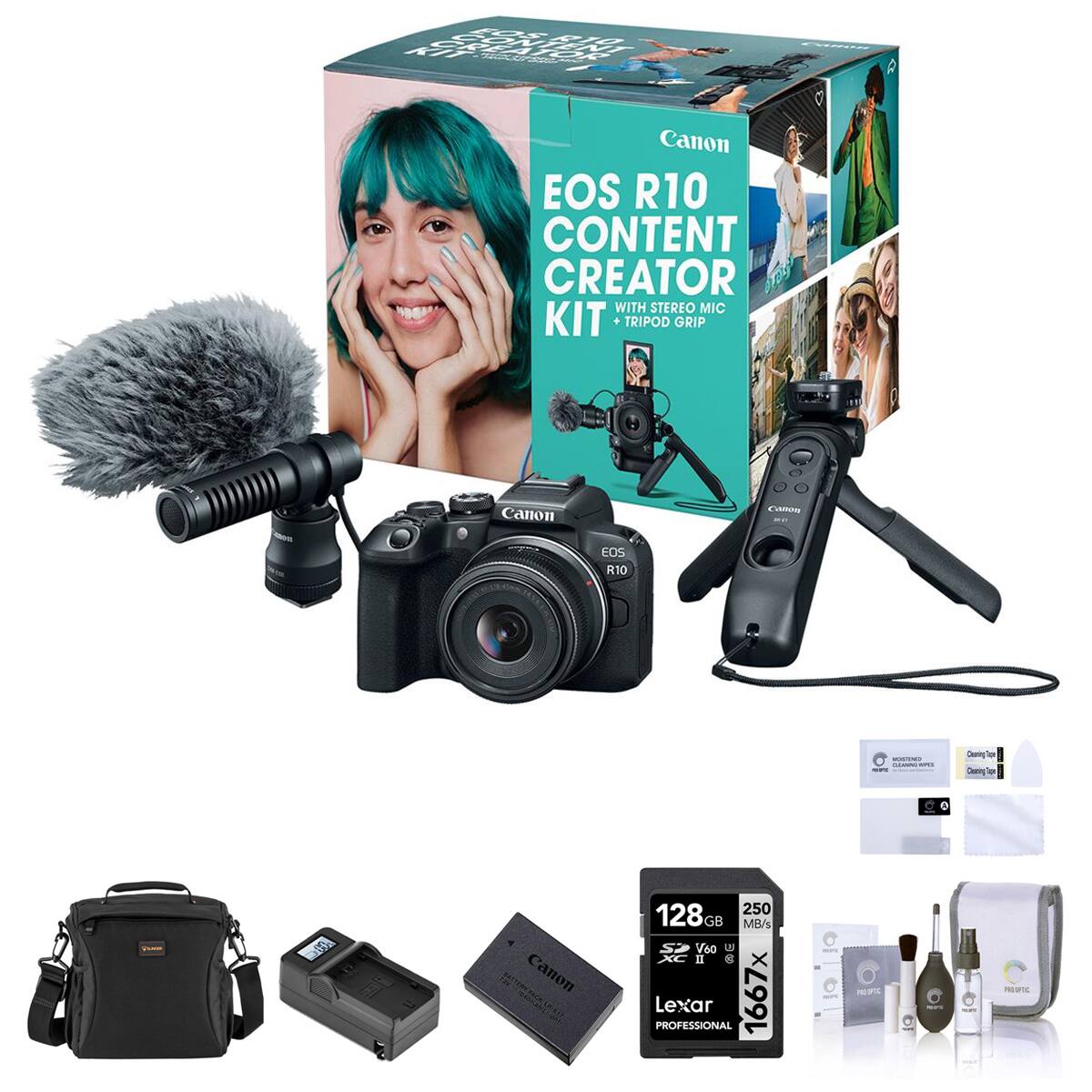 EOS R10 KIT CREATOR  
Canon EOS R10 CONTENT CREATOR WITH STEREO MIC KIT + TRIPOD GRIP  
Canon  
EOS R10  
128GB 250 GB MB/s S V60 XC II 8 PROFESSIONAL Lexar 1667x