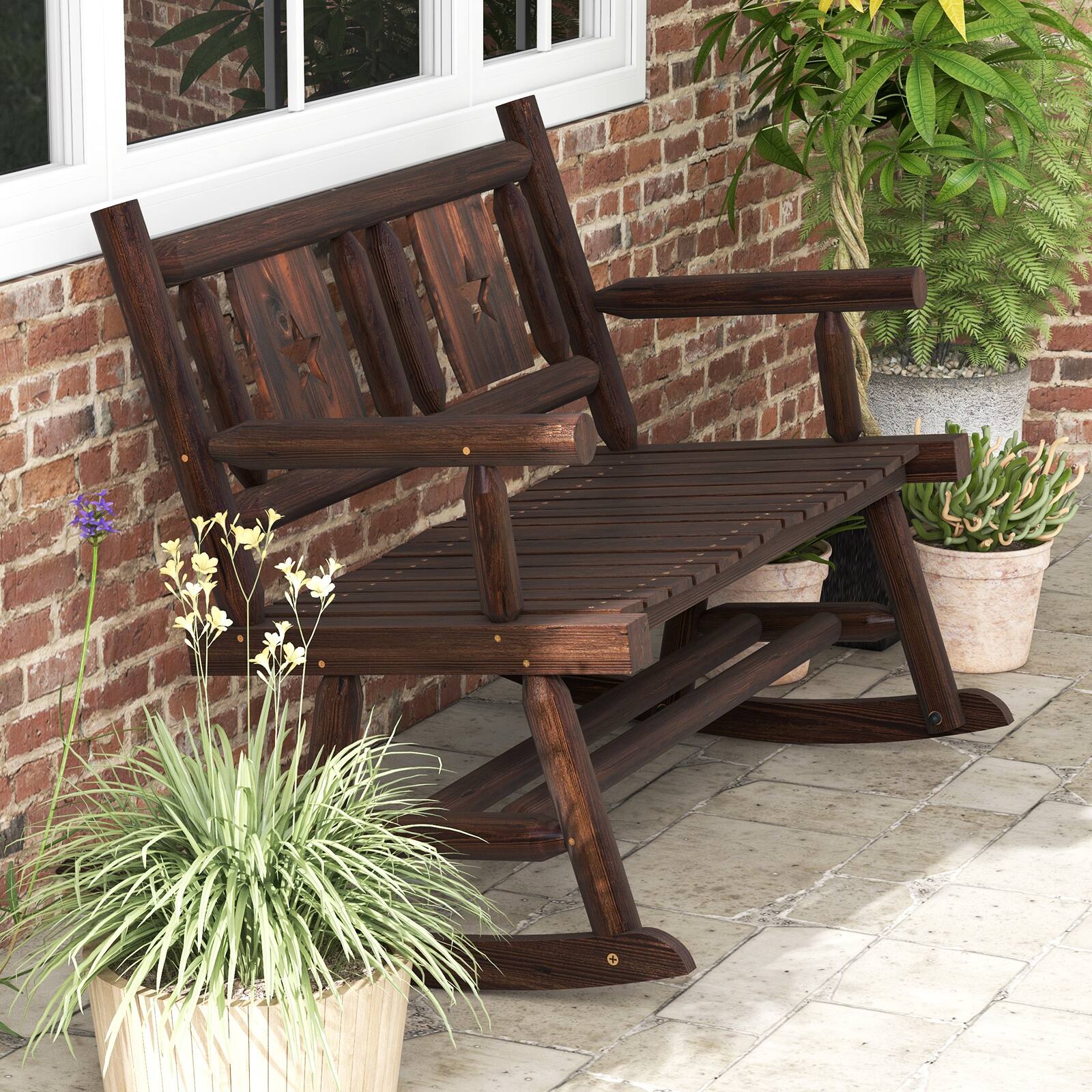 Alt View 1. Costway - 1 PC Patio Rocking Bench Carbonized Wood Double Rocker Chair with Ergonomic Seat - Rustic Brown.