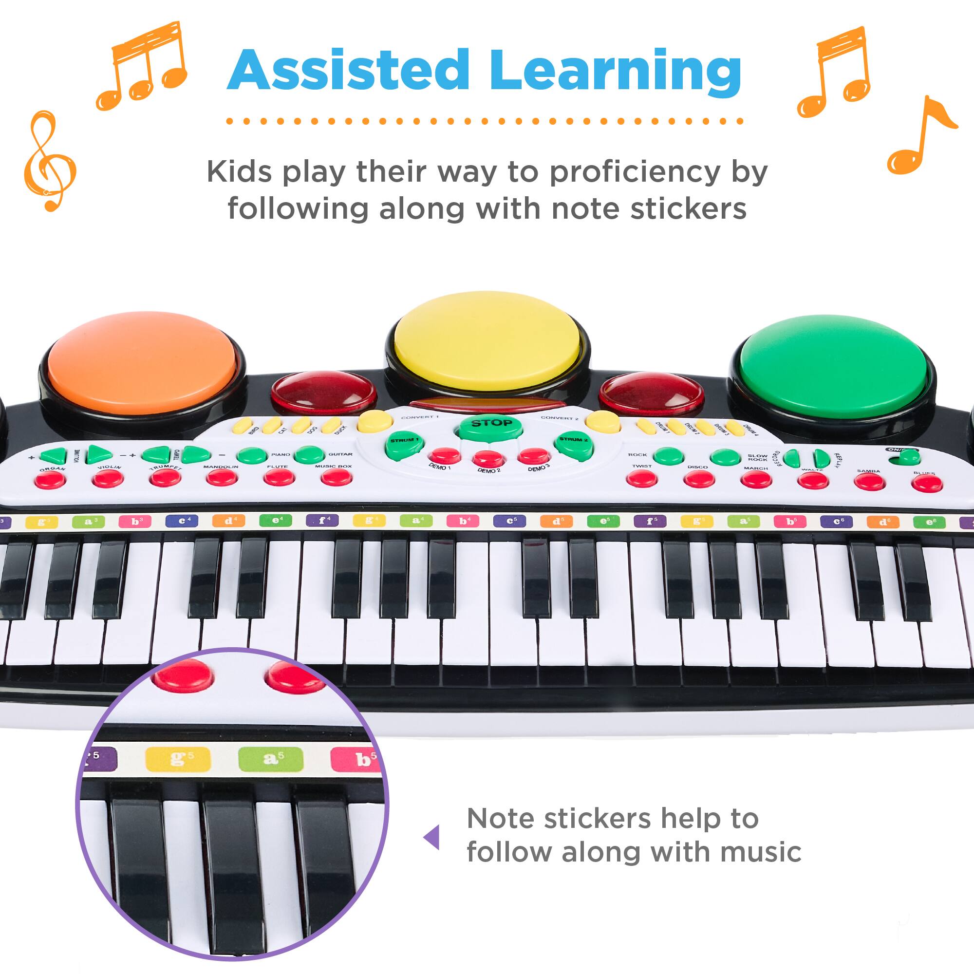 Assisted Learning

Kids play their way to proficiency by following along with note stickers

Note stickers help to follow along with music