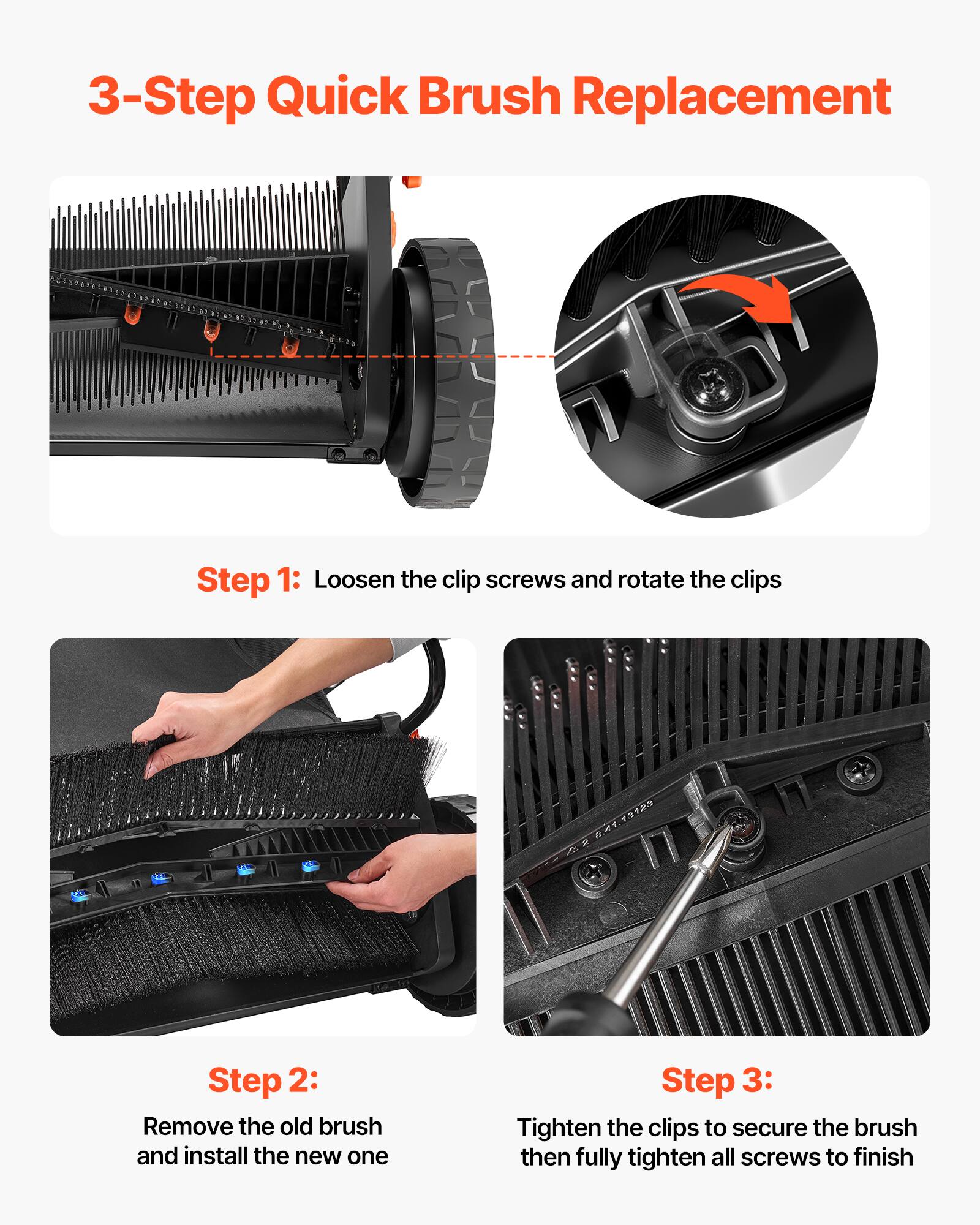3-Step Quick Brush Replacement

Step 1: Loosen the clip screws and rotate the clips

Step 2: Remove the old brush and install the new one

Step 3: Tighten the clips to secure the brush then fully tighten all screws to finish