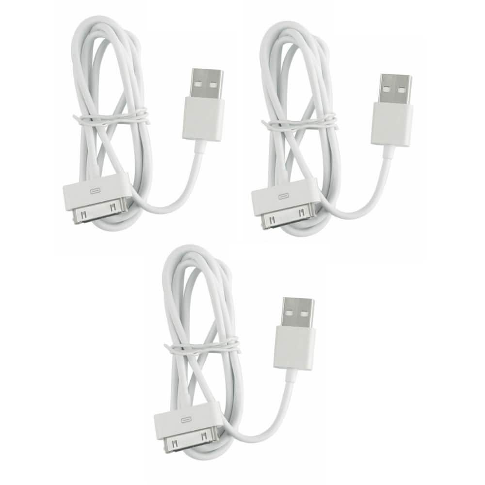Qixxronics - 3pcs 3ft 30-Pin USB charger Cable for Old Apple iPhone 4s / 4, 3G / 3GS, Old iPad 1/2/3, Old iPod Touch, Old iPod Nano - White