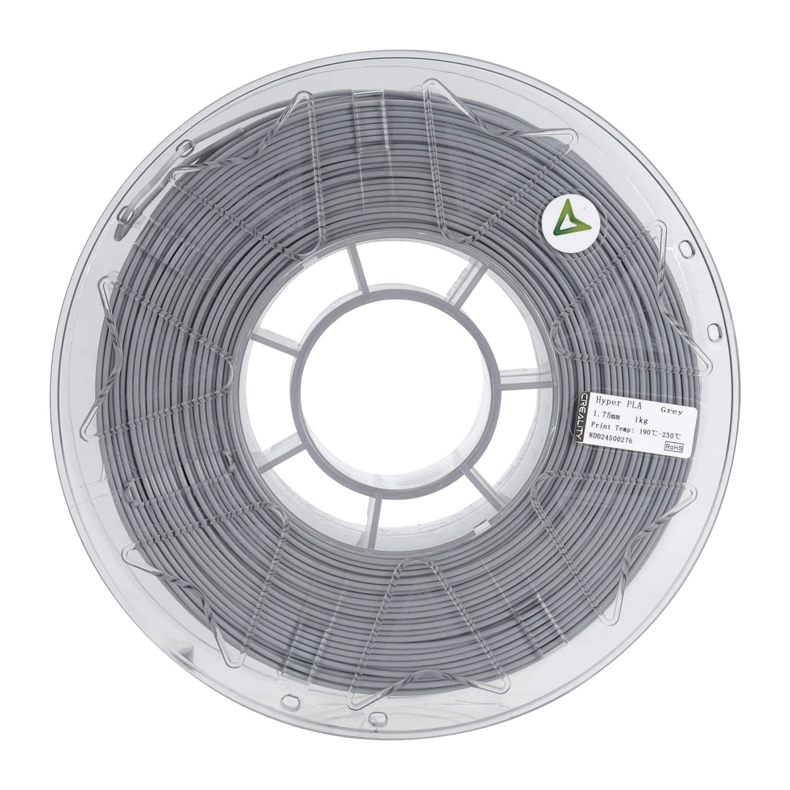 The text on the image reads "Hyper PLA CREALITY 1.75 Grey like Print Teap: RD024300276 19-230 St." This text is grouped as follows:
1. Hyper PLA CREALITY 1.75 Grey like Print Teap:
2. RD024300276 19-230 St