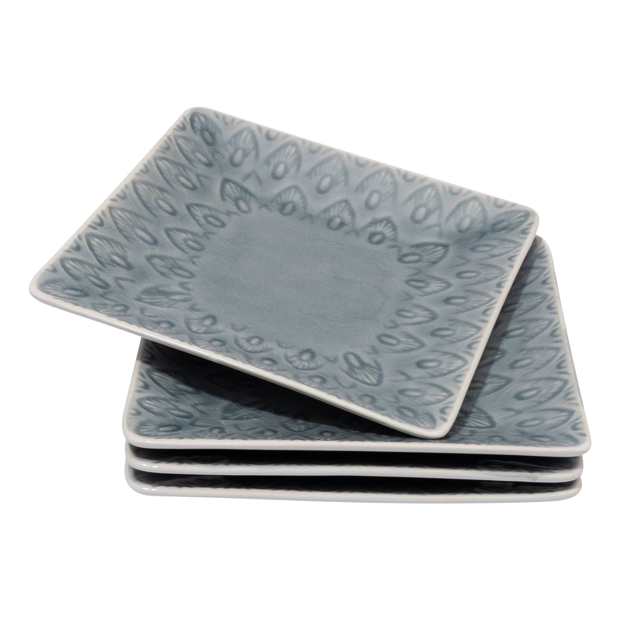 Angle. Euro Ceramica Home - Peacock 4-Piece Stoneware Square Appetizer Plates Set -- Grey - Grey.
