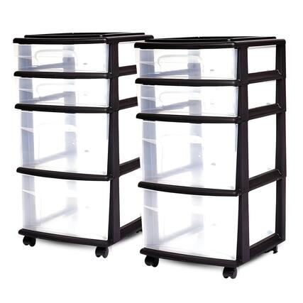 Front. Homz - Homz Plastic 4 Drawer Medium Storage Tower, Clear Drawers & Black Frame (2 Pack).