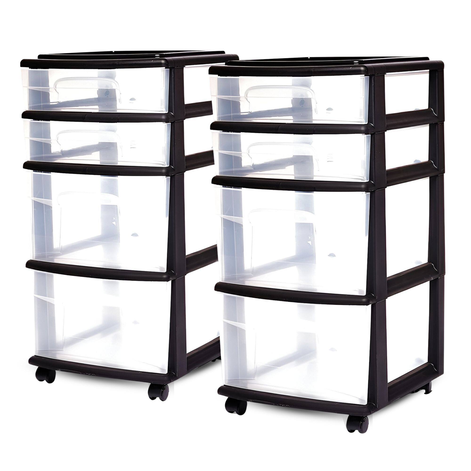 Front. Homz - Homz Plastic 4 Drawer Medium Storage Tower, Clear Drawers & Black Frame (2 Pack).