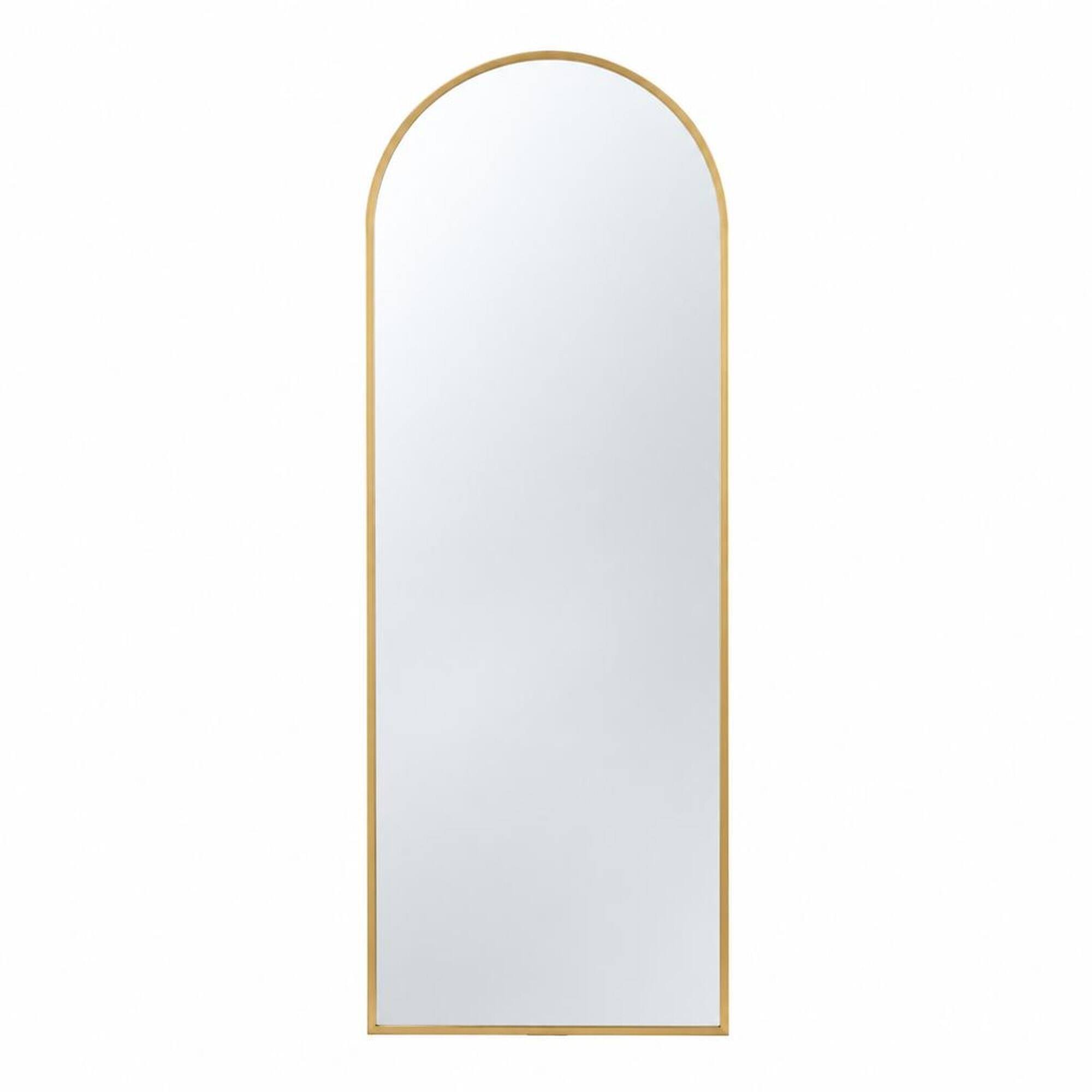 Front. RYHNUYNE - 28 x 74 in Gold Arch Full Length Body Mirror, Rounded Top, Iron Frame, Wall Mount or Leaning - Gold.