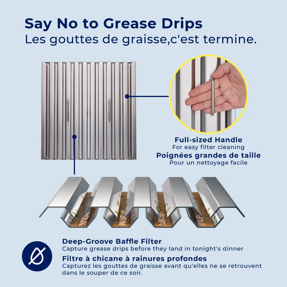 Say No to Grease Drips  
Les gouttes de graisse, c'est terminé.

Full-sized Handle  
For easy filter cleaning  
Poignées grandes de taille  
Pour un nettoyage facile

Deep-Groove Baffle Filter  
Capture grease drips before they land in tonight's dinner  
Filtre à chicane à rainures profondes  
Capturez les gouttes de graisse avant qu'elles ne se retrouvent dans le souper de ce soir.