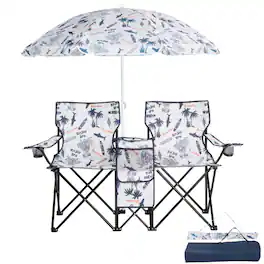 Winado - Folding Beach Chairs with Umbrella, 2-Camping Chairs with Canopy, Cooler Fold-Up Table, Carrying Bag for Adults Outdoor - Coconut Tree Patten