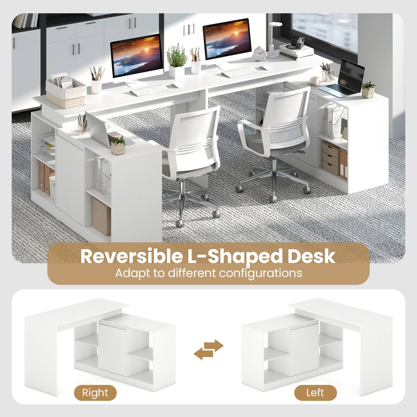 Reversible L-Shaped Desk  
Adapt to different configurations  

Right  
Left