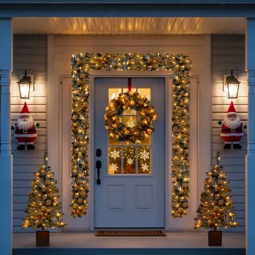 Alt View 9. Winado - 4PCS Christmas Garland, Wreath, Entrance Trees with Lights for Indoor Outdoor Holiday Decorations - Snow Flocked Green.