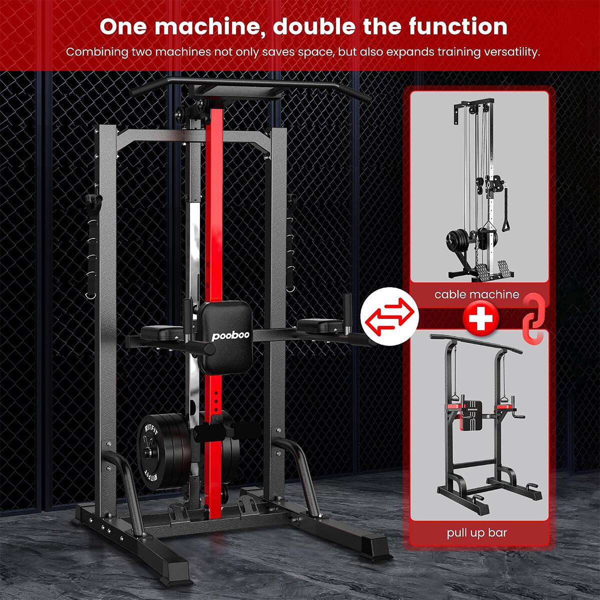 One machine, double the function  
Combining two machines not only saves space, but also expands training versatility.  

pooboo  
cable machine + pull up bar