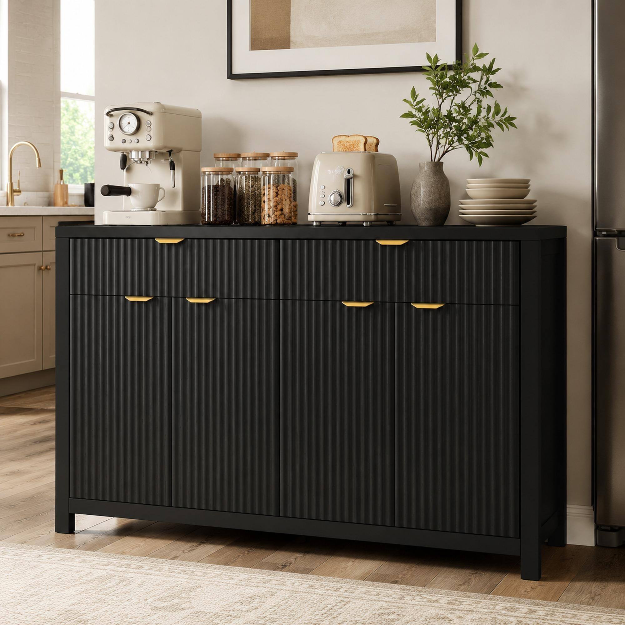 Front. RYHNUYNE - Freestanding 55.1 Inch Sideboard Buffet Cabinet with Adjustable Shelves, 2 Drawers and 4 Doors, Modern - Black.