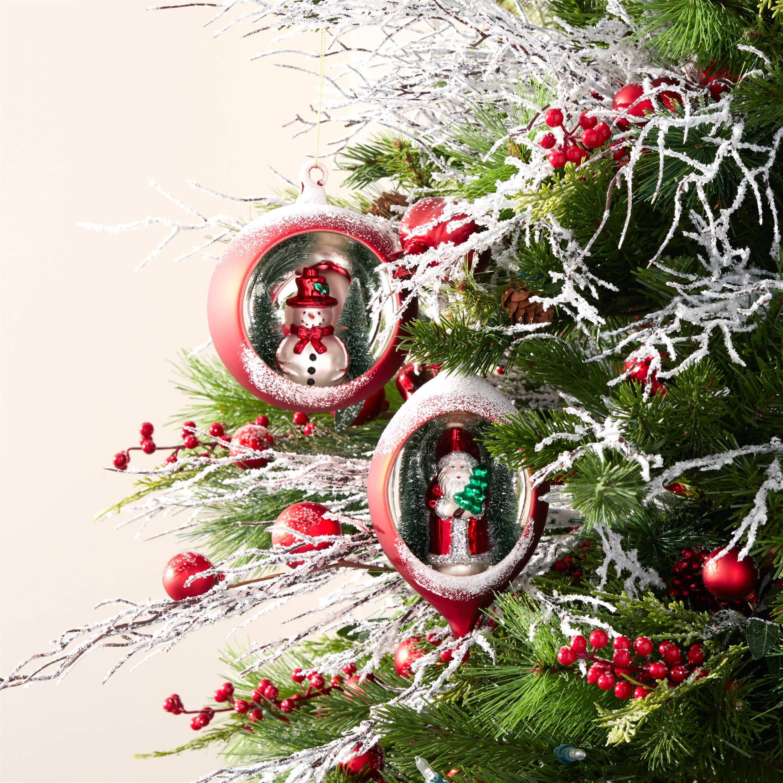 Angle. BreeBe - Mercury Glass Ornament with Pine Trees (Set of 6) - Red, White, Green.