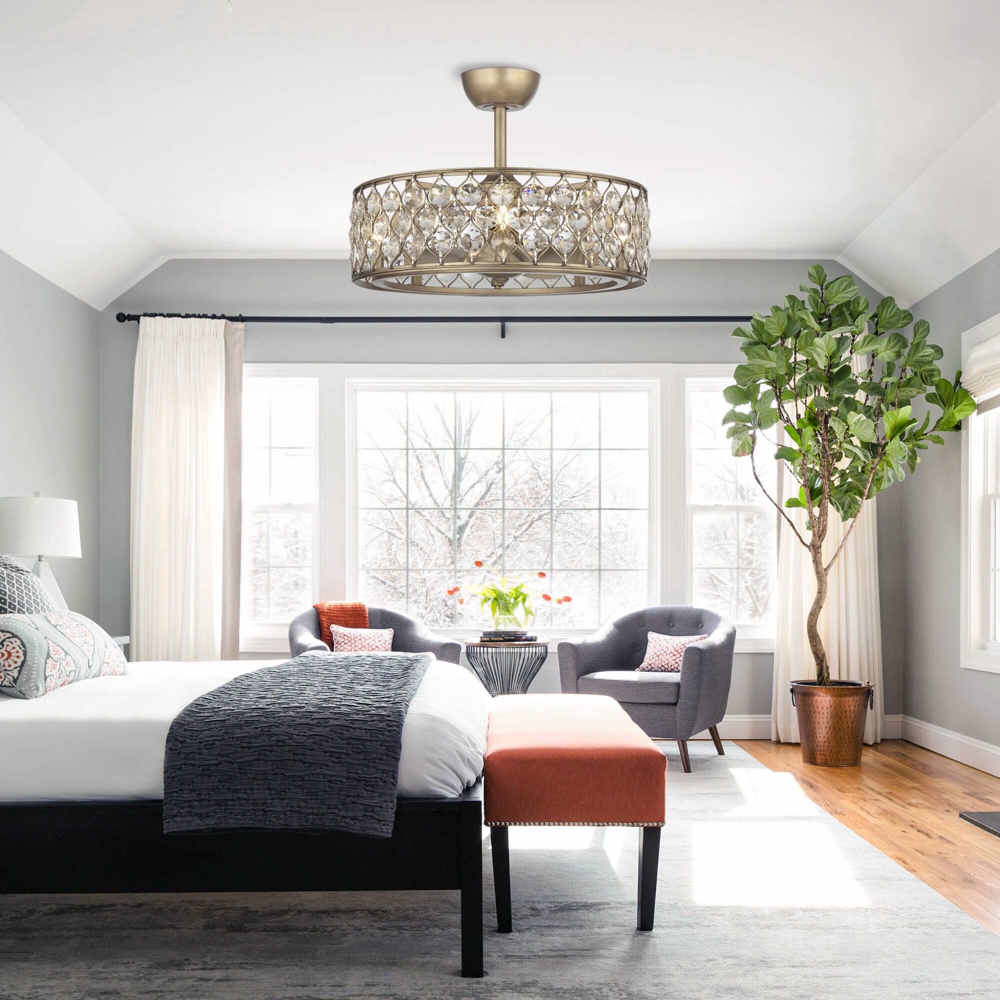 Left. Parrot Uncle - 25" Modern Crystal Chandelier Ceiling Fan with Remote Control and Light Kits - Gold.